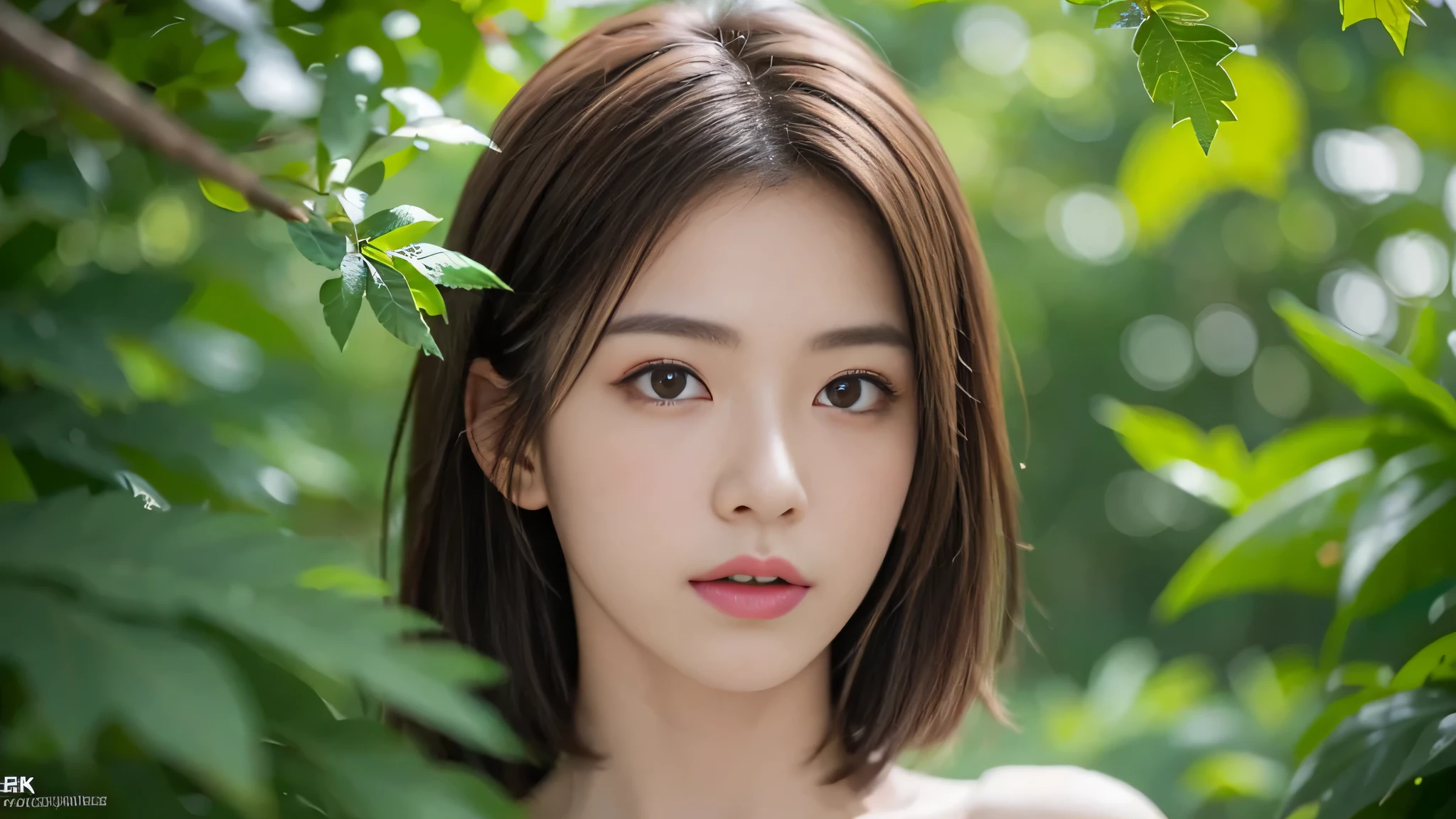 ((Realistic lighting、quality、8K、Masterpiece:1.3))、clear focus:1.2、National Science Foundation:1.5, naked:1.5、((actual)) , ((Mahakali、quality))、model figure:1.2、(brown hair、medium bust:1.2)、a sexy、tropical country、in the rainforest、(25 years old:1.4)、Very rich facial detailquisite eyes、double eyelids、wearing leaves