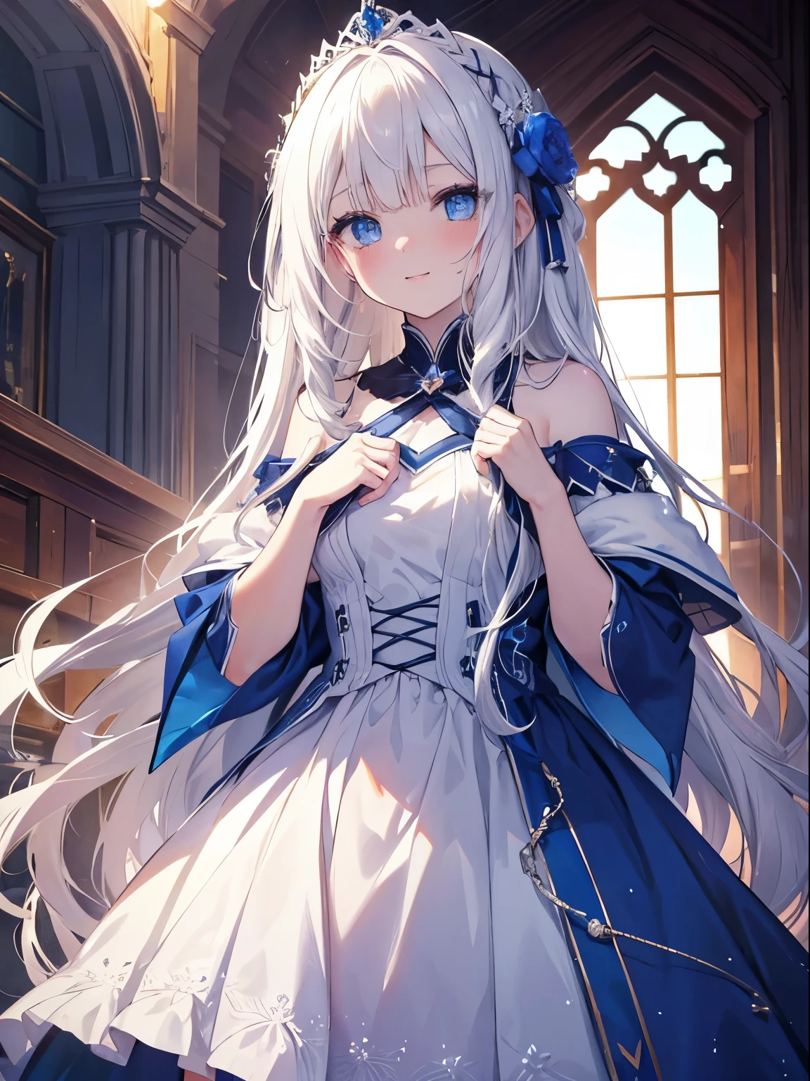 muste piece, highest quality, (perfect face:1.1), (high detail:1.1), (highly detailed eyes), that&#39;dramatic, Ultra-fine illustration, very detailed, 1 girl, (white skin), long white hair, ethereal eyes, blue eyes,we say, (thin eyebrows),blush,alone,shy smile, happy, laugh together, enjoy, open your mouth, plump lips,cinematic lighting, looking for audience,cowboy shot,long sleeve,blue princess dress, indoor,winter background