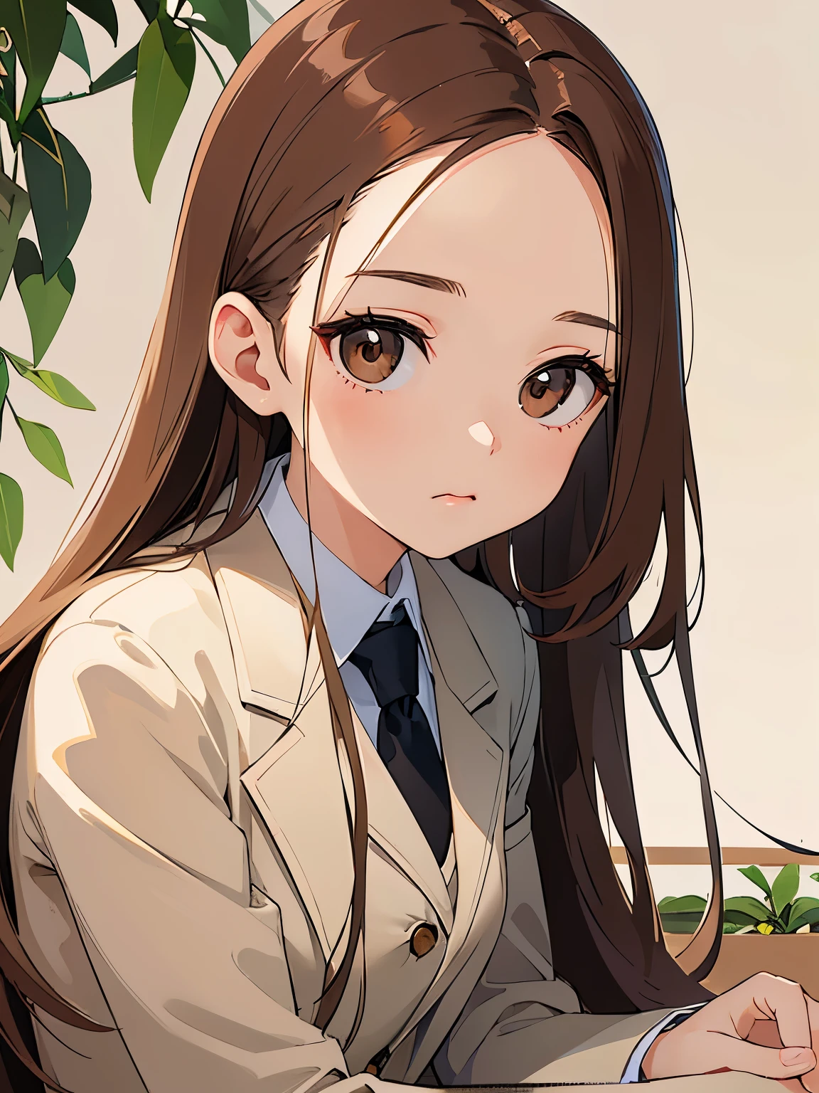 close up mouth, masterpiece、highest quality、 forehead, A 25-year-old woman with light chestnut medium-long hair and brown eyes.、beige suit、serious expression、 sitting、The background is a park、bold composition、walking、Upper body is shown、Alone、close up of your face