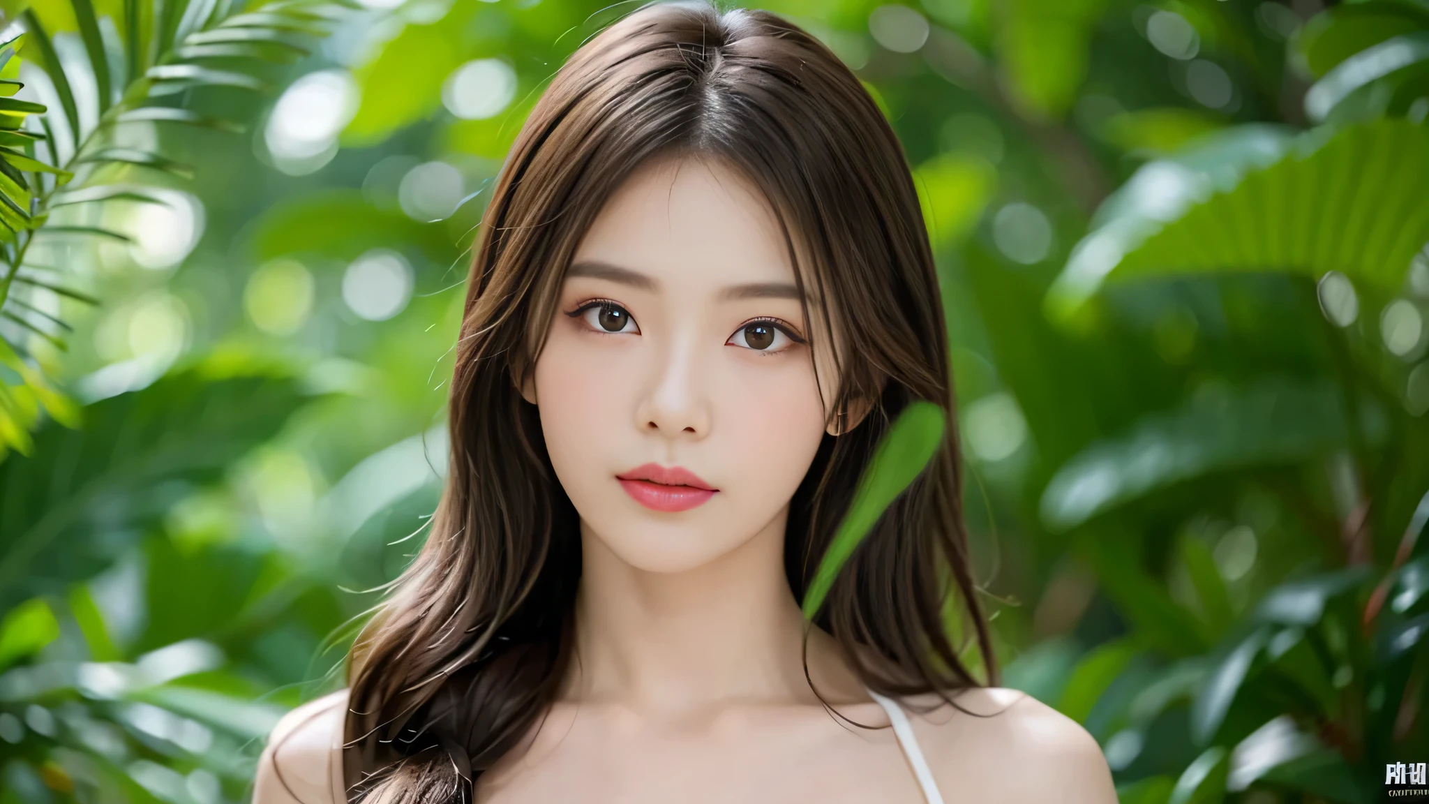 ((Realistic lighting、quality、8K、Masterpiece:1.3))、clear focus:1.2、National Science Foundation:1.5, naked:1.5、((actual)) , ((Mahakali、quality))、model figure:1.2、(brown hair、medium bust:1.2)、a sexy、Southland、In the rainforest、(25 years old:1.4)、Very rich facial detailquisite eyes、double eyelids、wearing leaves