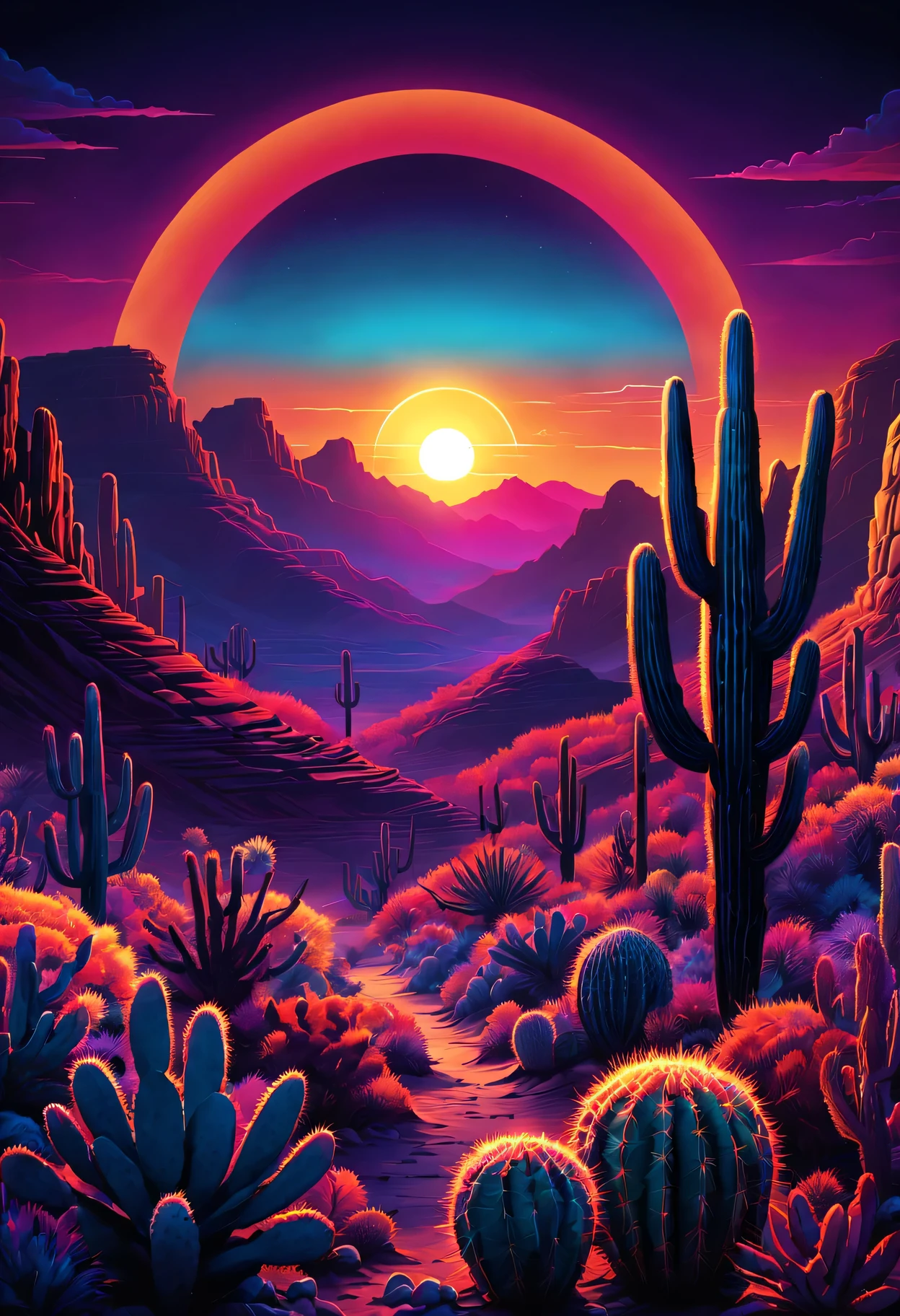 desert canyon,cactus and sun,Vectorization,Synthwave,Purple Blue Red Orange,Bright neon colors on dark background,best quality,4k,8K,high resolution,masterpiece:1.2,Super detailed,actual:1.37