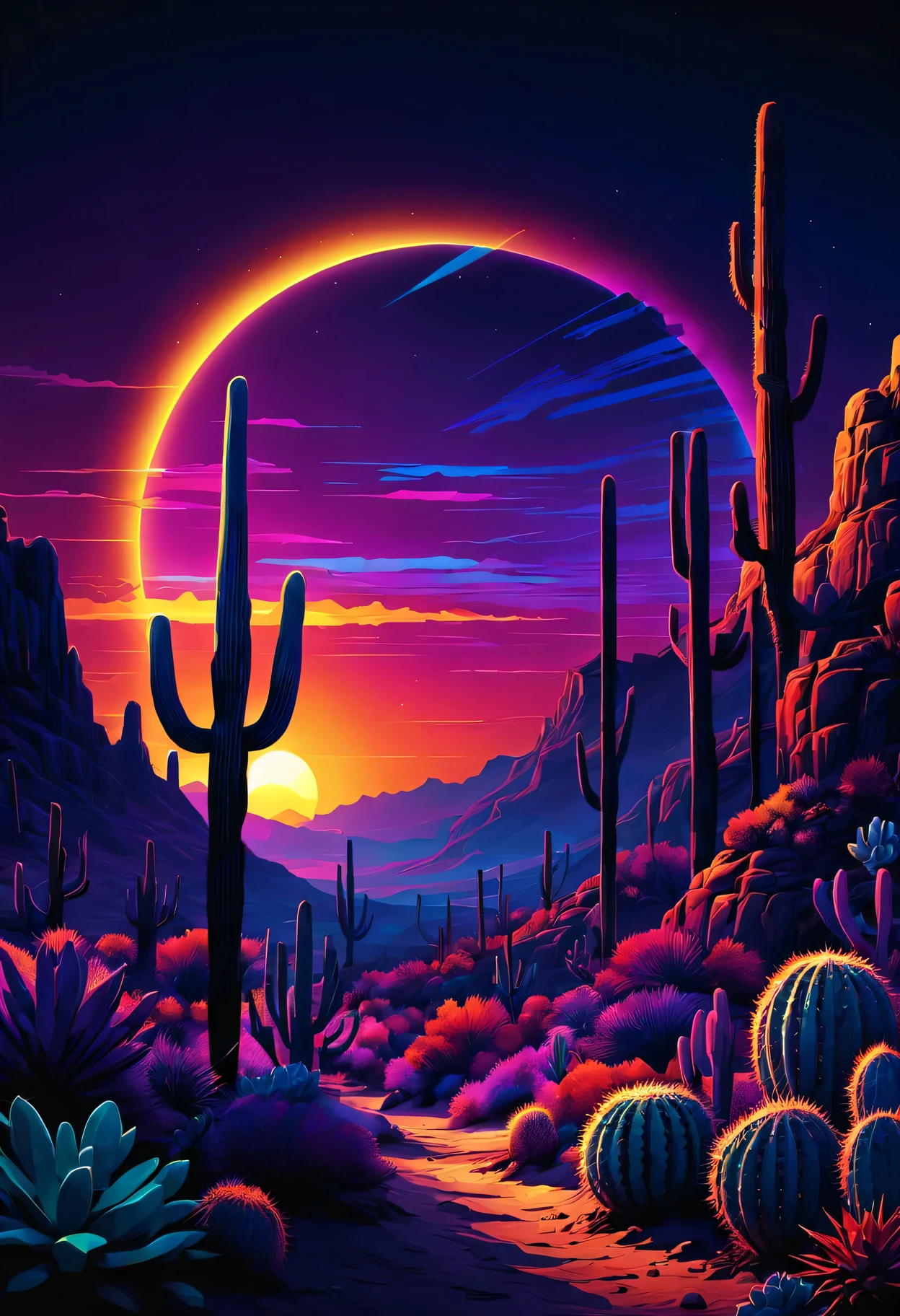 desert canyon,cactus and sun,Vectorization,Synthwave,Purple Blue Red Orange,Bright neon colors on dark background,best quality,4k,8K,high resolution,masterpiece:1.2,Super detailed,actual:1.37