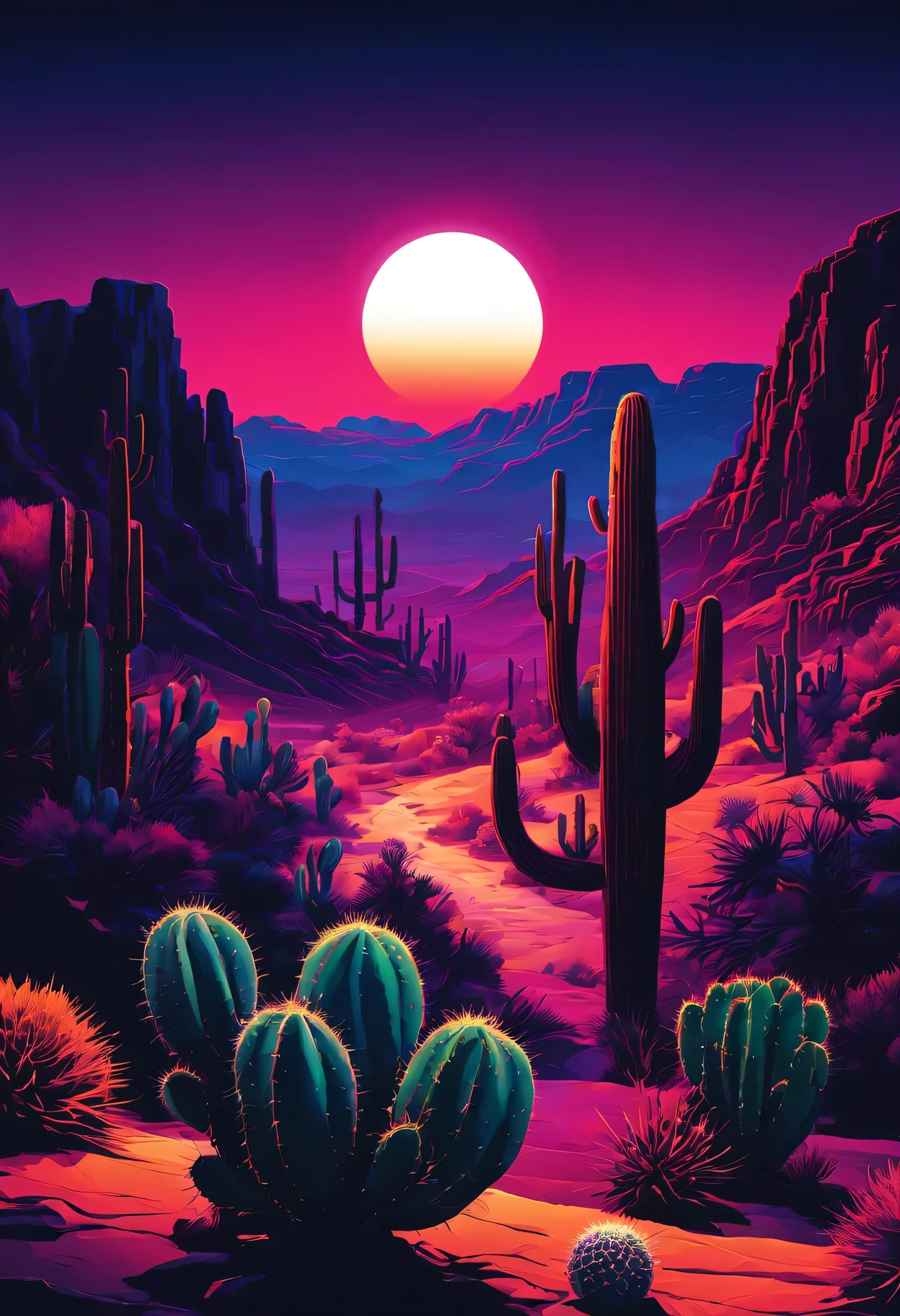 desert canyon,cactus and sun,Vectorization,Synthwave,Purple Blue Red Orange,Bright neon colors on dark background,best quality,4k,8K,high resolution,masterpiece:1.2,Super detailed,actual:1.37