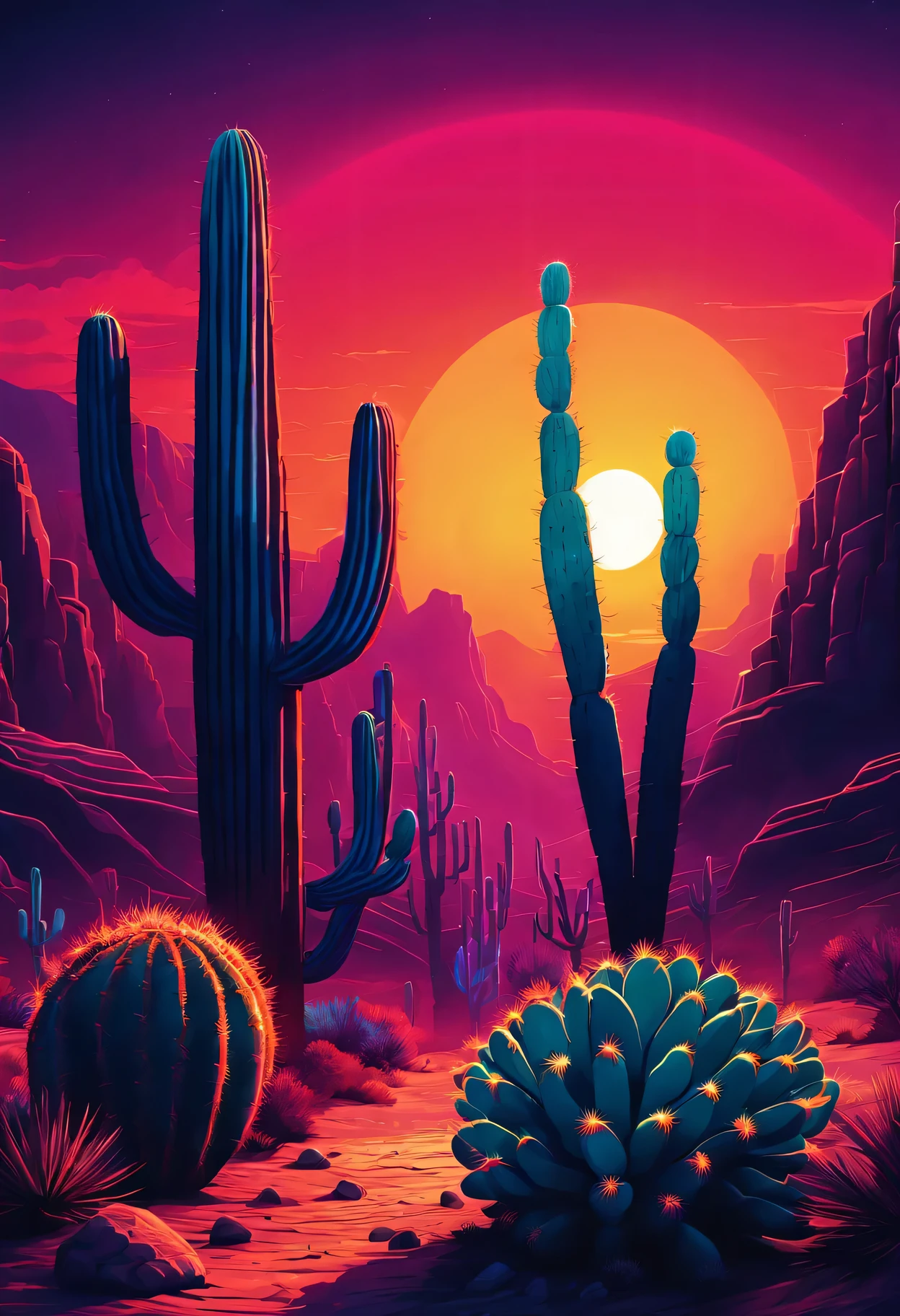 desert canyon，cactus and sun，Vectorization，Synthwave，Purple Blue Red Orange，Bright neon colors on dark background，best quality,4k,8K,high resolution,masterpiece:1.2,Super detailed,actual:1.37