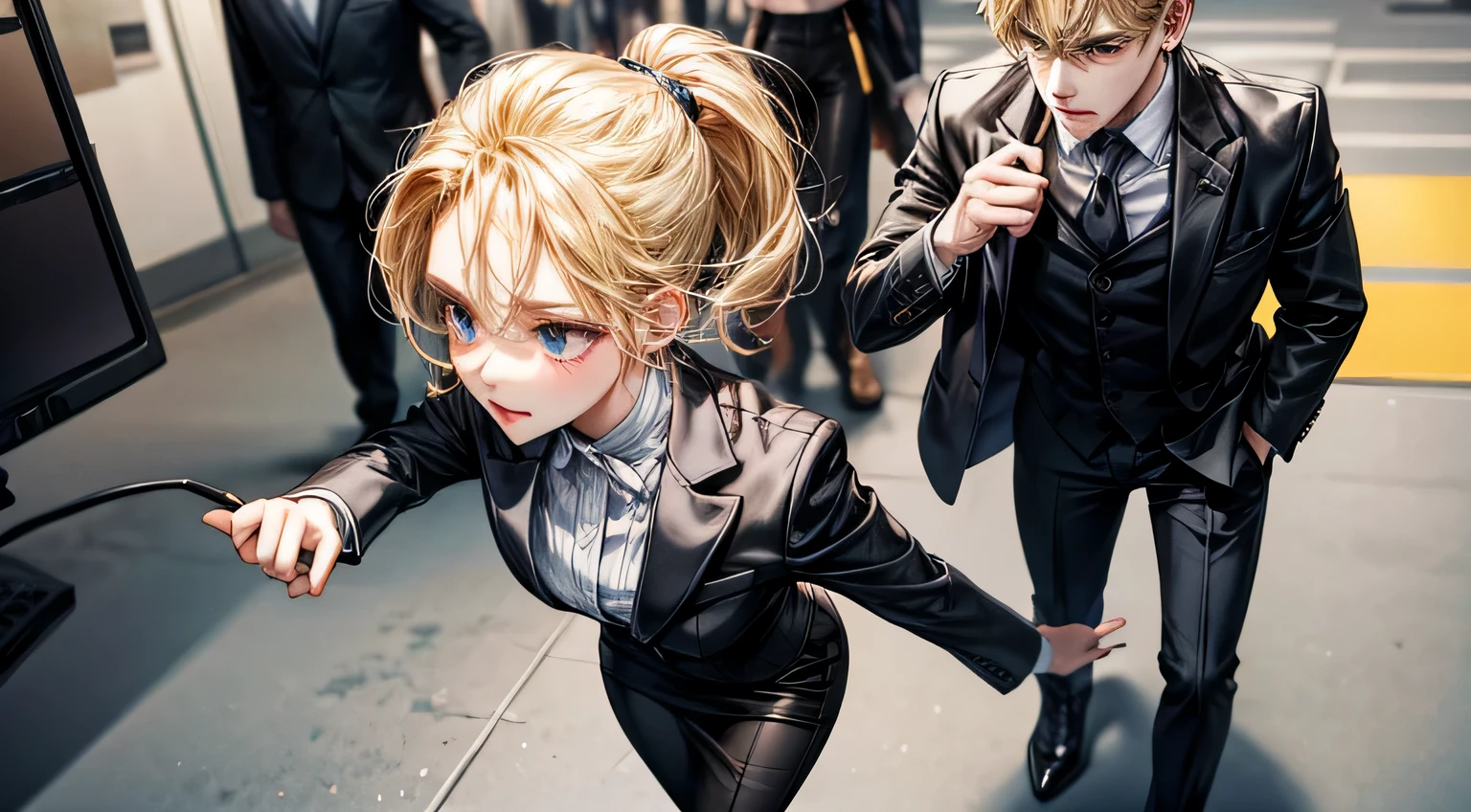 close up shot angle, Ms. Gold, ((blond hair, pony tail)), wearing a professional outfit, a tailored blazer with a pencil skirt, wears minimalistic jewelry, walking right behind Mr Crimson, crimson hair, short hair, black suit, ((walking towards camera)), office background