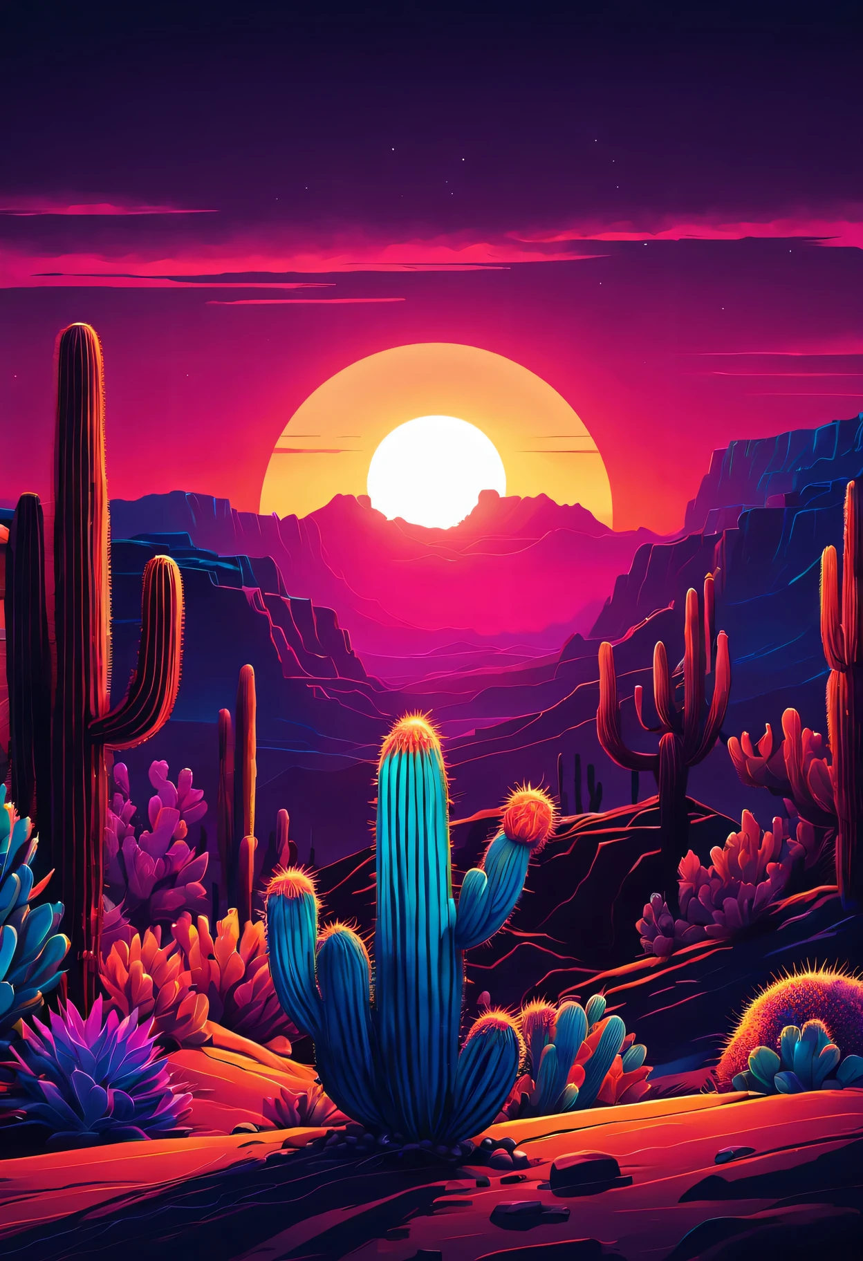 desert canyon，cactus and sun，Vectorization，Synthwave，Purple Blue Red Orange，Bright neon colors on dark background，best quality,4k,8K,high resolution,masterpiece:1.2,Super detailed,actual:1.37