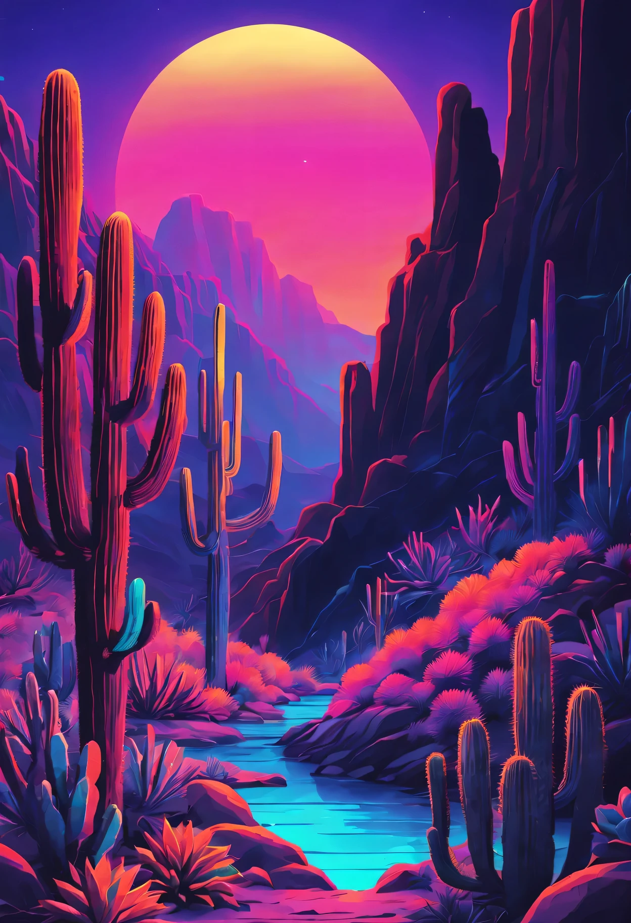desert canyon，cactus and sun，Vectorization，Synthwave，Purple Blue Red Orange，Bright neon colors on dark background，best quality,4k,8K,high resolution,masterpiece:1.2,Super detailed,actual:1.37