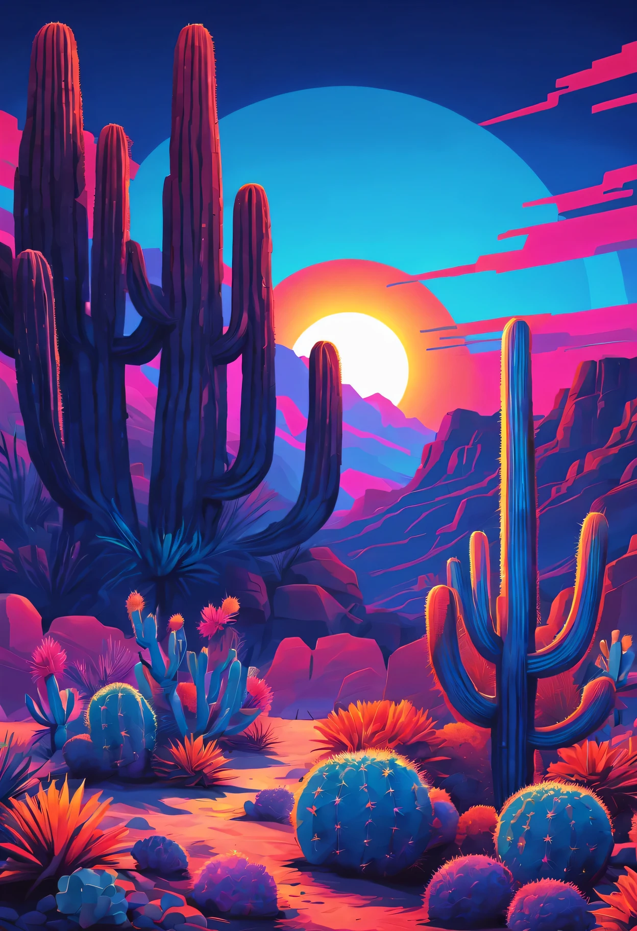 desert canyon,cactus and sun,Vectorization,Synthwave,Purple Blue Red Orange,Bright neon colors on dark background,best quality,4k,8K,high resolution,masterpiece:1.2,Super detailed,actual:1.37