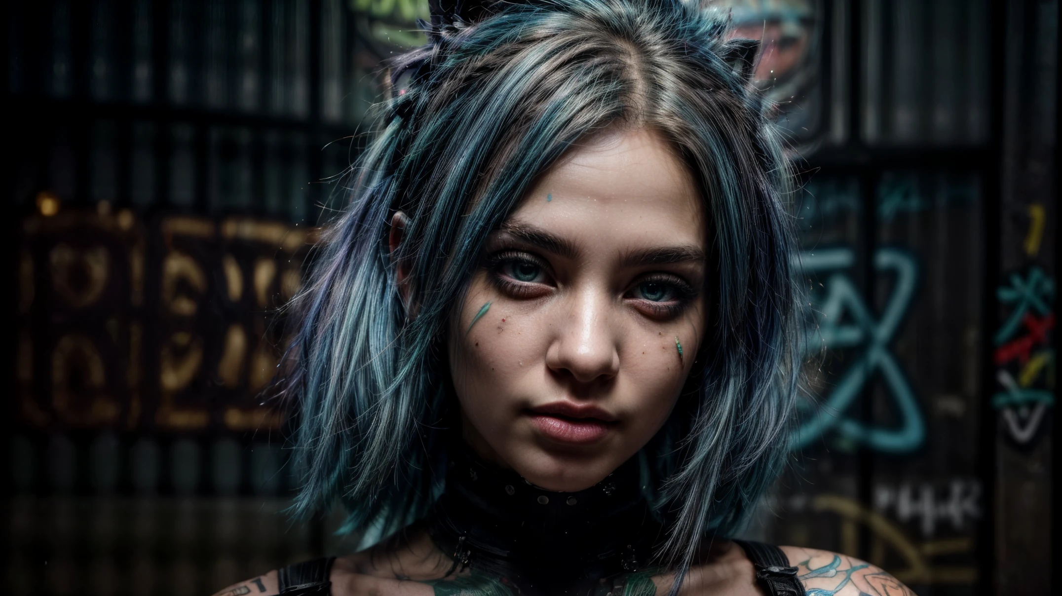 best quality,4k,8k,highres,masterpiece:1.2),ultra-detailed,(realistic,photorealistic,photo-realistic:1.37),detailed blue hair, detailed face, piercing on the nose, green Glowing eyes vibrant colors, studio lighting, young girl, fashionable appearance, confident expression, urban setting, graffiti art hd 4k 8k ultrasharp