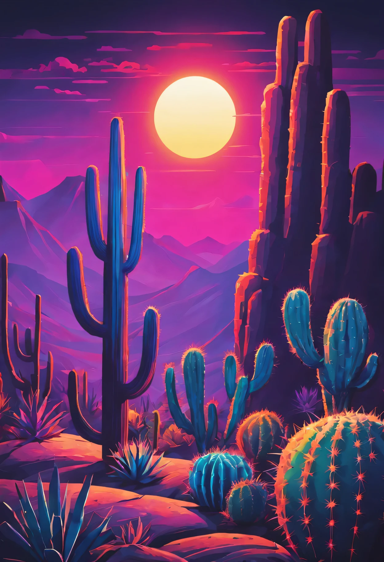 desert canyon，cactus and sun，Vectorization，Synthwave，Purple Blue Red Orange，Bright neon colors on dark background，best quality,4k,8K,high resolution,masterpiece:1.2,Super detailed,actual:1.37