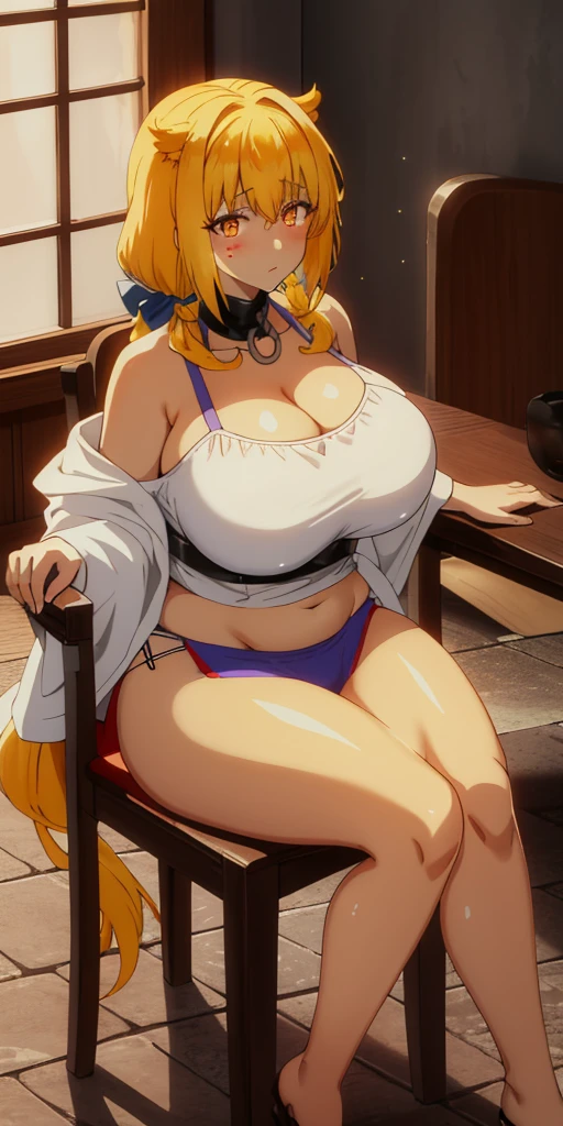 A tall and beautiful beast kin woman (Roxxane), plump body, big breasts, pale yellow glowing eyes, cold expression, proud posture, straight chest, dark skin, dark facial tattoos, purple tied hair, exposed chest, exposed shoulders, exposed navel, exposed thighs, sitting on a chair, spread her legs, looked up at the camera, wet body, in a medieval inn.