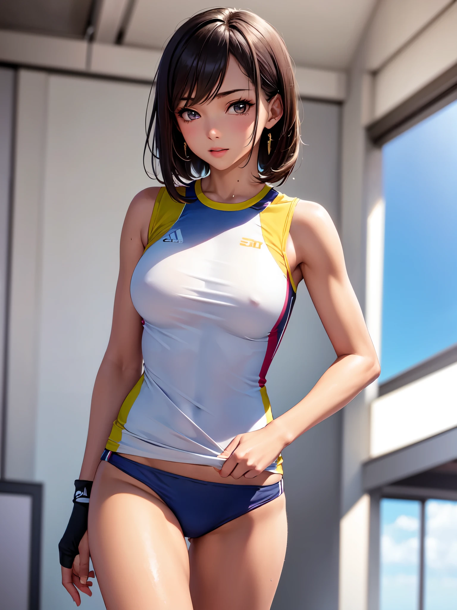 high quality,hd,16k,1girl,female track and field athlete,cute face, , slender body, delicate body, sweat,light clothing, in track and field,focus girl,detailed beautiful face,detailed clothes,beautiful eyes,cool