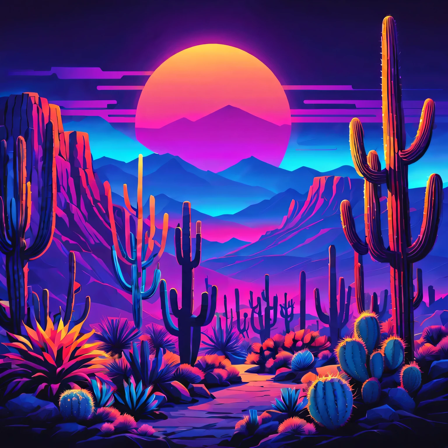 desert canyon,cactus and sun,Vectorization,Synthwave,Purple Blue Red Orange,Bright neon colors on dark background,best quality,4k,8K,high resolution,masterpiece:1.2,Super detailed,actual:1.37