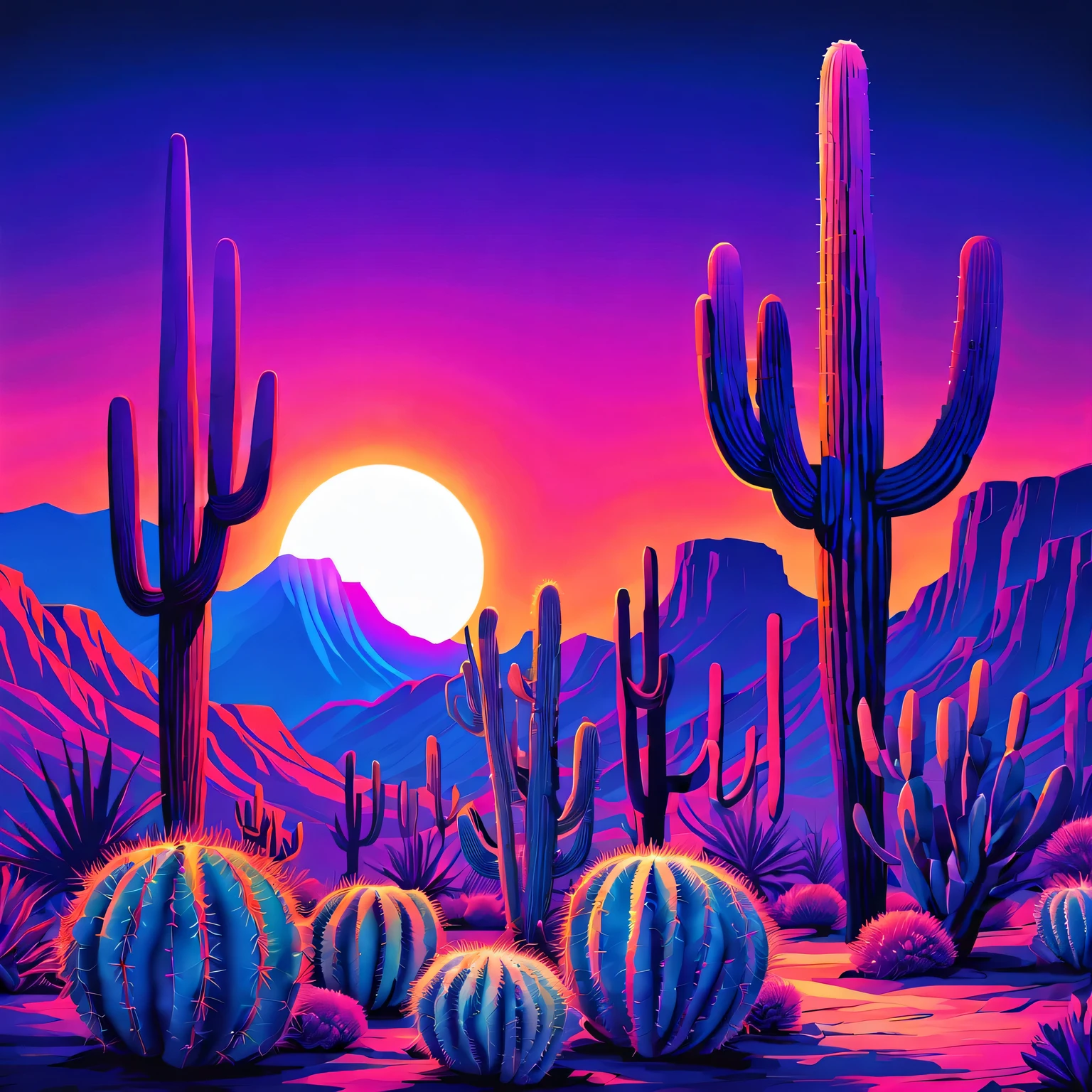 desert canyon，cactus and sun，Vectorization，Synthwave，Purple Blue Red Orange，Bright neon colors on dark background，best quality,4k,8K,high resolution,masterpiece:1.2,Super detailed,actual:1.37