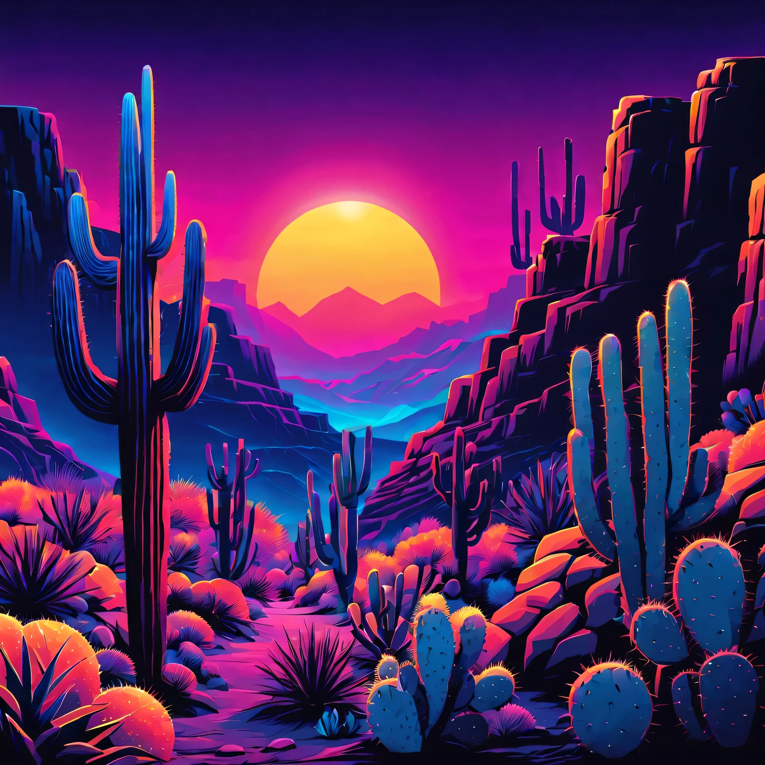 desert canyon,cactus and sun,Vectorization,Synthwave,Purple Blue Red Orange,Bright neon colors on dark background,best quality,4k,8K,high resolution,masterpiece:1.2,Super detailed,actual:1.37