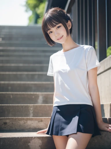(8k),(masterpiece),(Japanese),(),((innocent look)),((Childish)),From the front and above,smile,cute,Innocent,Kind eyes,Plain T-shirt,Short sleeve,Short skirt with blue check,semi-long,Hair blowing in the wind,Black Hair,Somewhat strong wind,noon,bright