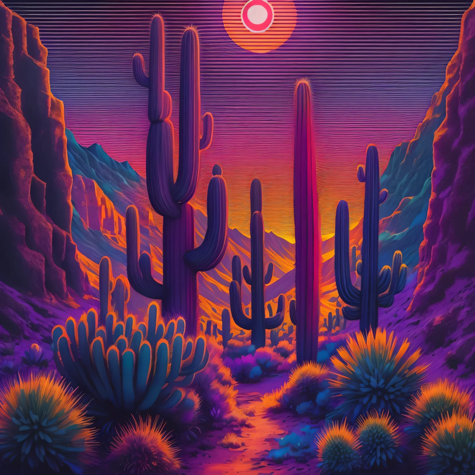 desert canyon，cactus and sun，Vectorization，Synthwave，Purple Blue Red Orange，Bright neon colors on dark background，