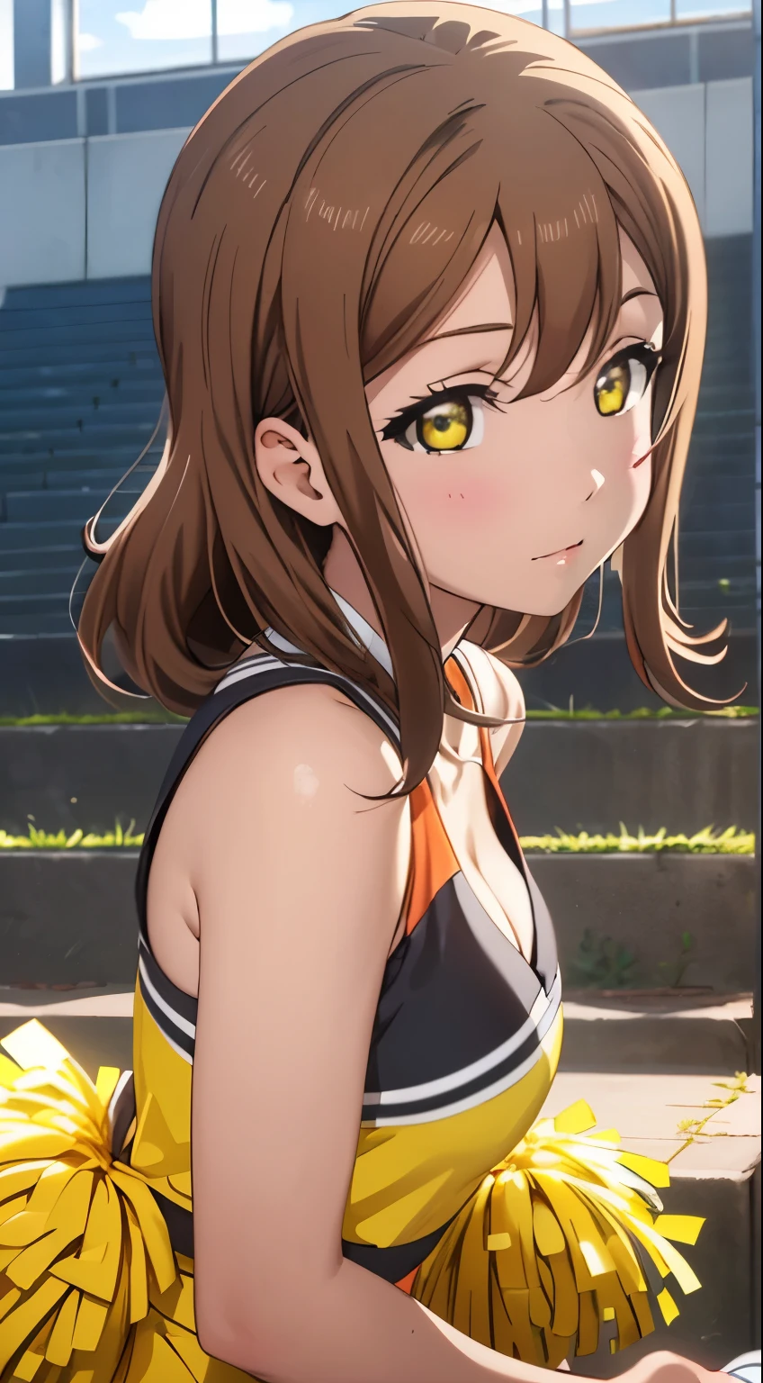 (pixel perfect, detail perfect), alone, 1 girl, very detailed, Absil Dress, masterpiece, illustration, game CG, Hanamaru Kunikida, detailed and beautiful eyes, amber eyes, Cheerleader, abdomen, cleavage, glossy lips, sneakers