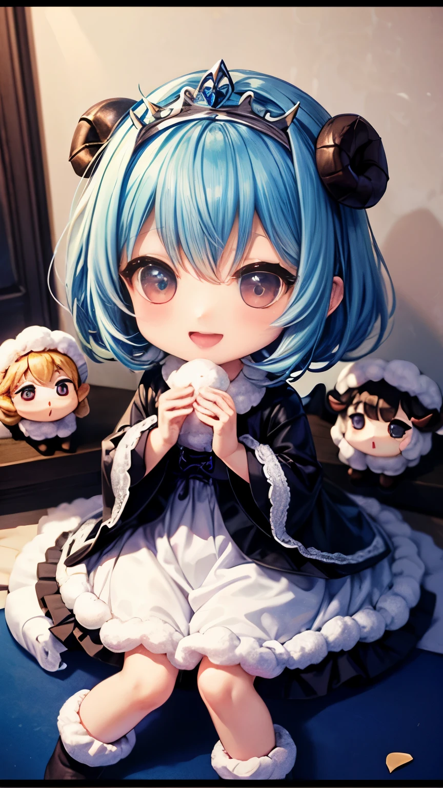 masterpiece、highest quality、super detailed、(Chibi character girl:1.2)、Chibi Living、Dark Blue Sauvage Hair, wraith、Pastel Tiara、Stuffed sheepの手を引きずる、Stuffed sheep、open your mouth and smile、Fluffy socks、