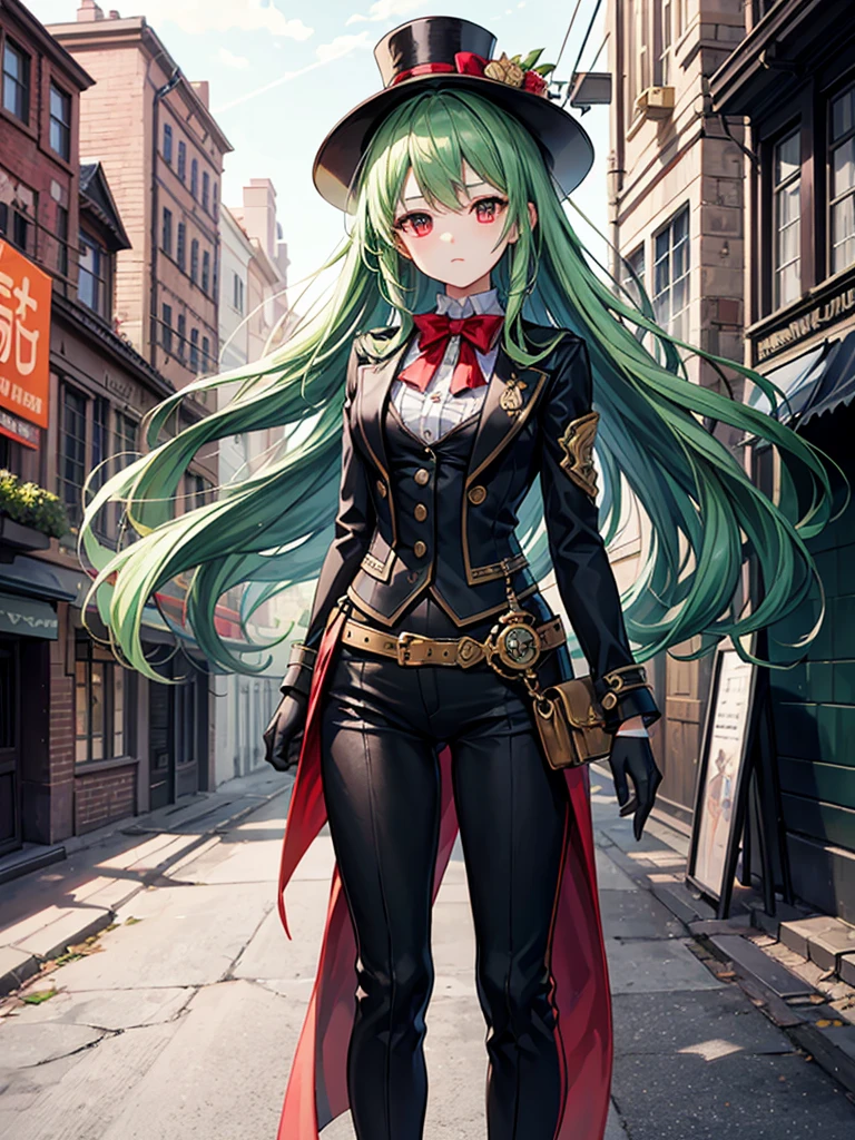 （（（masterpiece、Highest image quality、highest quality、highly detailed unity 8ｋwallpaper）））、（（Illustration of one girl））、（（（beautiful girl）））、（（green hair、long hair、straight、red eyes））、（（Men：1.2、silk hat、tuxedo））、steampunk、chimney、１９street corner of the century