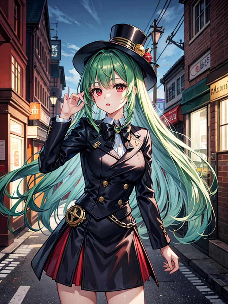 （（（masterpiece、Highest image quality、highest quality、highly detailed unity 8ｋwallpaper）））、（（Illustration of one girl））、（（（beautiful girl）））、（（green hair、long hair、straight、red eyes））、（（Men：1.2、silk hat、tuxedo））、steampunk、chimney、１９street corner of the century