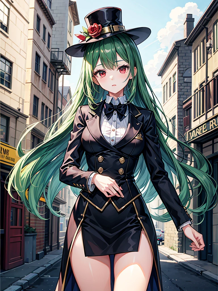 (((masterpiece、Highest image quality、highest quality、highly detailed unity 8kwallpaper)))、((Illustration of one girl))、(((beautiful girl)))、((green hair、long hair、straight、red eyes))、((Men:1.2、silk hat、tuxedo))、steampunk、chimney、19street corner of the century