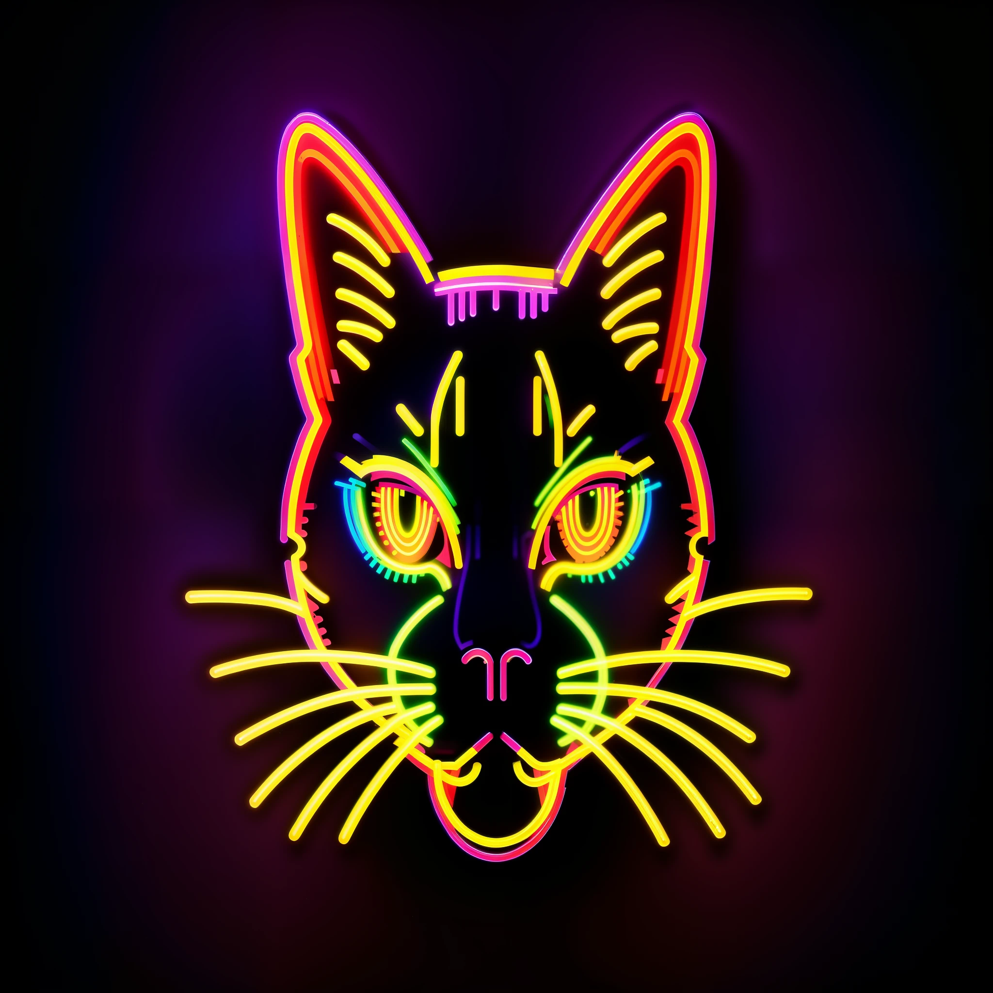 neon cat head on a black background with a purple background, beautiful neon cats, metal cat ears and glowing eyes, neon art style, stylized neon, neon art, with glowing yellow eyes, neon digital art, made of neon light, neon glowing eyes, cyberpunk cat, neon glowing, neon outline, neon outlines, glowing neon, with neon lighting