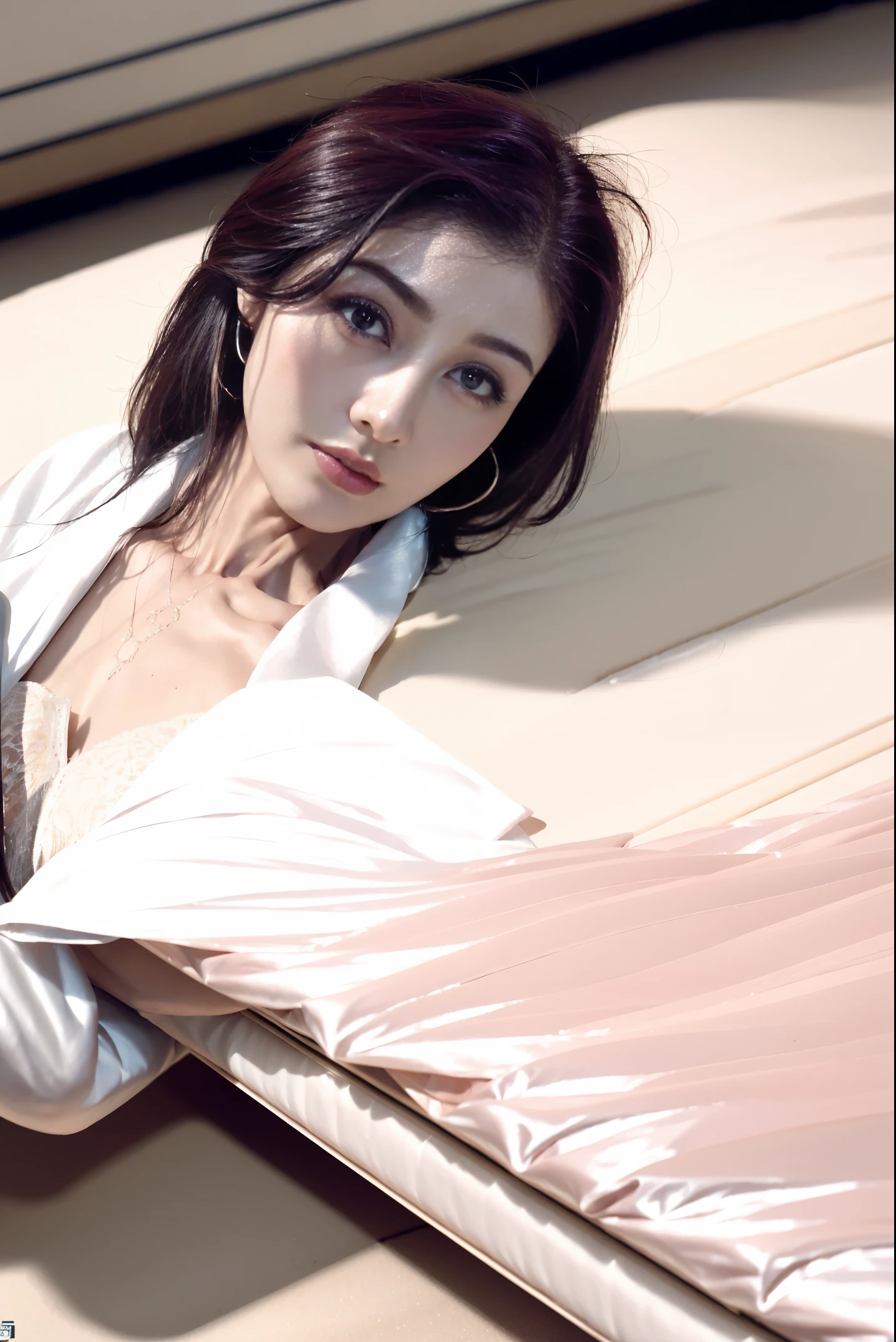 face is :9,1270442595], Elegant upper-class elite woman wearing white lace lingerie, ((Lying on your back on the bed))、((Lying on your back))、((Lying on your back在、fall))、(long layered hair), 蕾丝lace hose, (穿lace hose)、Wear high-end high heels、(long layered hair), girl in underwear, female model, lace hose, , raw,(8K、quality、tmasterpiece:1.2)、(intricate details:1.4)、(真实感:1.4)、Octane number renderings、Complex 3D renderings with ultra-details, Studio soft light, edge light, Vibrant details, Super details, Realistic skin texture, Details, beautiful eyes, Very detailed CG Unity 16k wallpaper, cosmetic, (Detailed background:1.2), Showing thighs!!!,