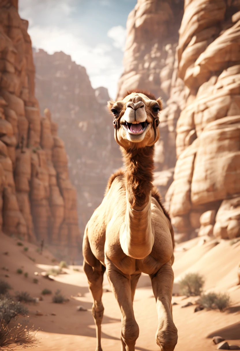 desert canyon, illustration, unreal engine render, detailed, camel, ((smile)), trending on cgisociety, motion graphics, cgsociety