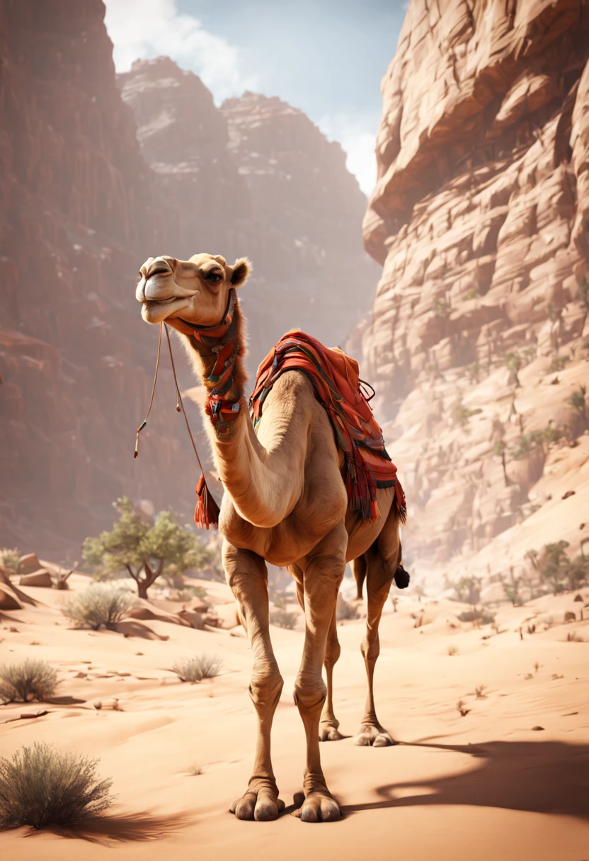 desert canyon, illustration, unreal engine render, detailed, camel, ((smile)), trending on cgisociety, motion graphics, cgsociety