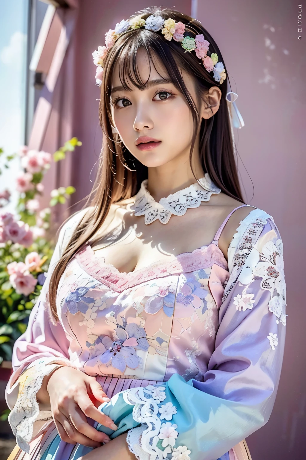 (masterpiece:1.4, best quality), (intricate details), unity 8k wallpaper, ultra detailed, (pastel colors:1.3), (lace) clothes, beautiful and aesthetic, 1girl, body covered in words, words on body, ink, detailed, solo,