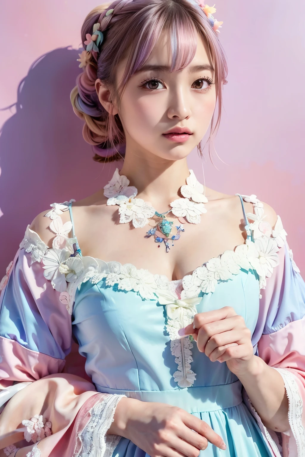 (masterpiece:1.4, best quality), (intricate details), unity 8k wallpaper, ultra detailed, (pastel colors:1.3), (lace) clothes, beautiful and aesthetic, 1girl, body covered in words, words on body, ink, detailed, solo,