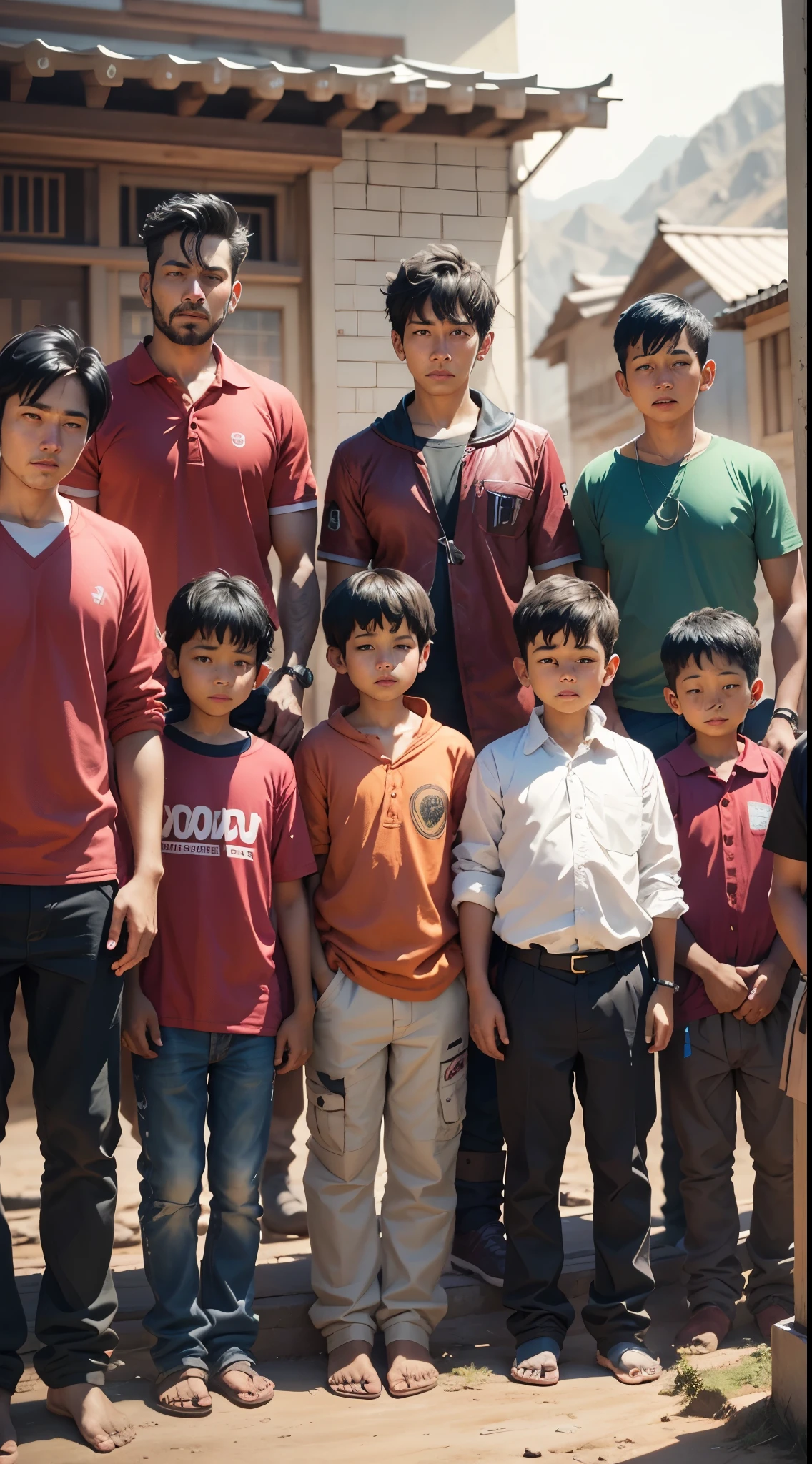 Seven or eight boys are sitting together top of tha mountain , top of mountain a shop tha shop name bondhu mahal (in the light of the afternoon sun), (Cinematic) --auto --s2