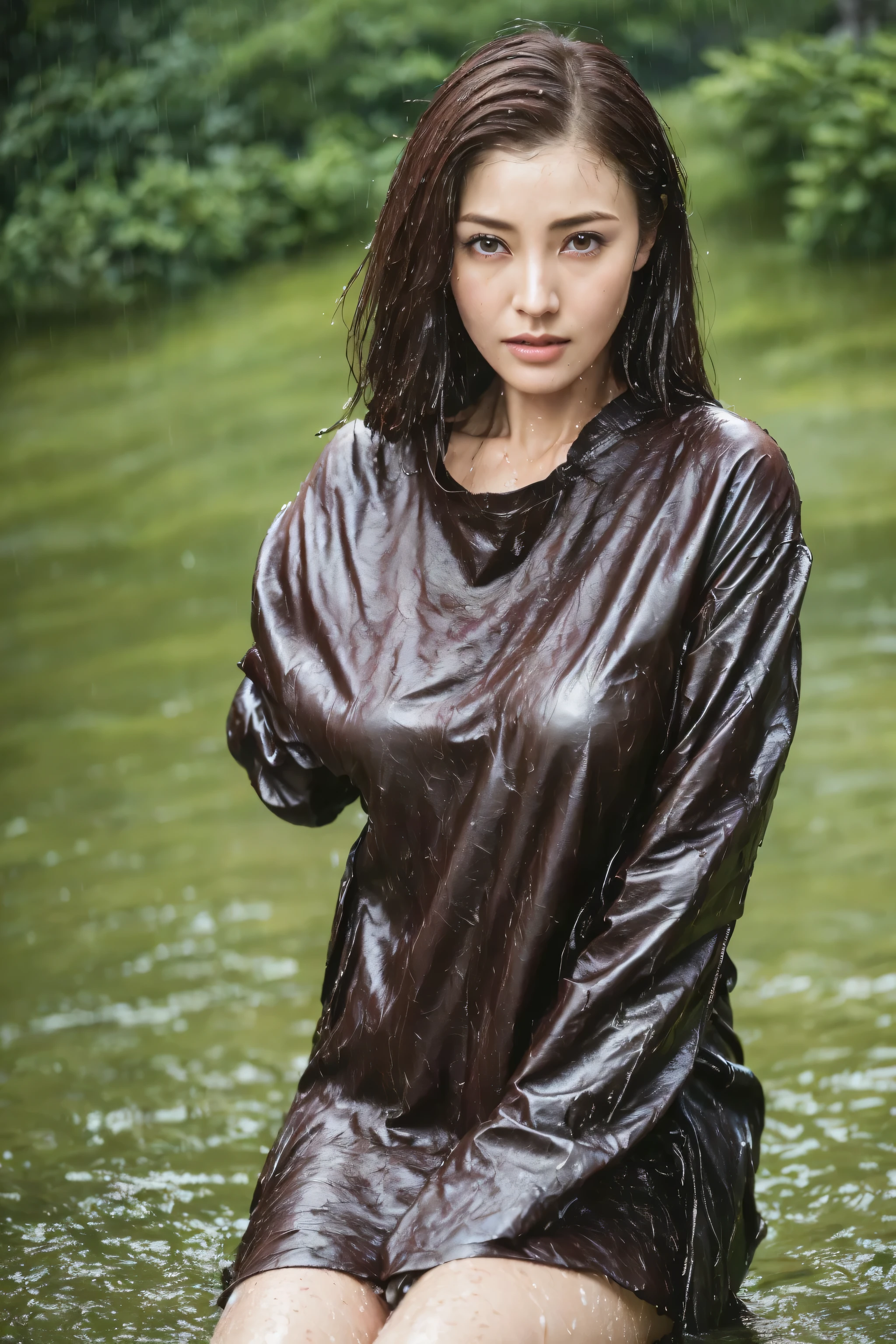 (best quality, 4k, masterpiece :1.pretty Woman, 1 girl, (, attractive body :1.2), abdominal muscles :1.1, dark brown hair: 1.1, (wet from rain, wet by rain, wet :1.2), Very rich facial details, Detailed lips, exquisite eyes, double eyelids, cowboy shooting, Squat down,
