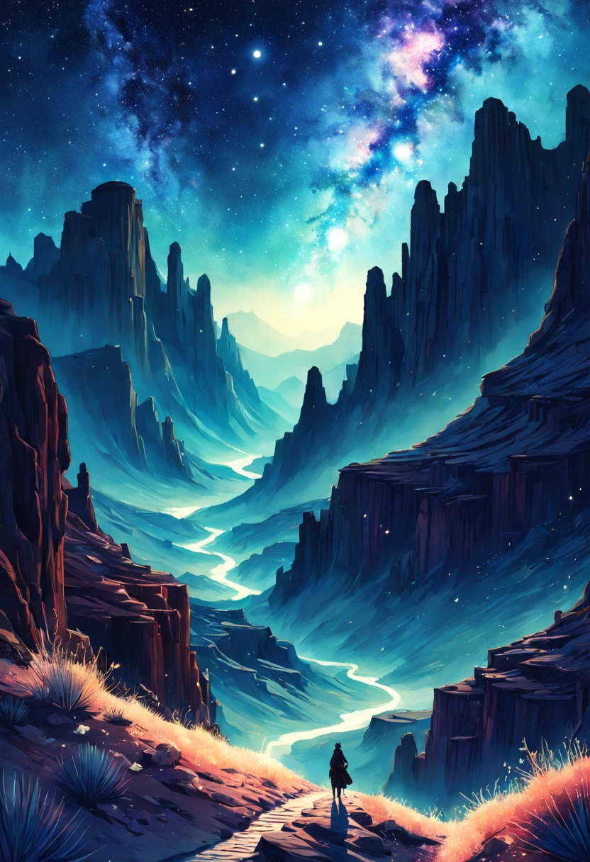 "a desert canyon made of stars on a starry night" double exposure collage art watercolor illustration, sharp contrast, fantasy, hdr, vibrant, surrealism, hyperdetailed, hypermaximalist illustration by Meg Chikhani, Victo Ngai, Rlon, Andreas Lie, Android Jones, by artist "anime", Anime Key Visual, Japanese Manga, Pixiv, Zerochan, Anime art, Fantia