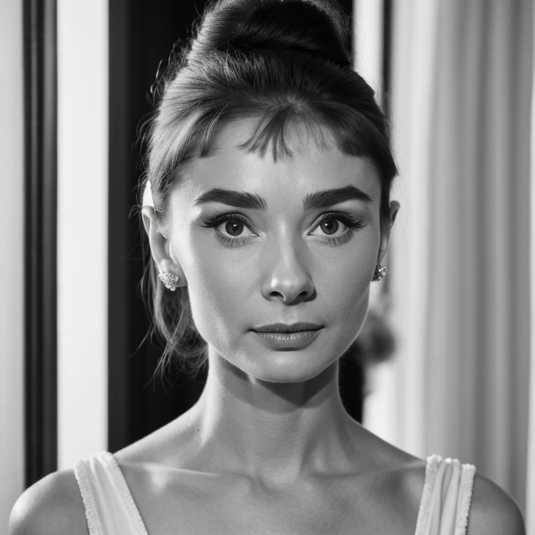 ((black and white filter)), Audrey Hepburn is a beautiful young actress who starred in the Roman Holiday film, focus on eyes, close up on face, short black hair styled cascading curls bun, Audrey Hepburn portrait photo of a beautiful young actress: (Audrey Hepburn is in the black and white Roman Holiday film), hotel room, Award - winning photograph, Masterpiece, 8k, ultra high res, hyper detailed, perfect flawless face, rule of thirds, Realistic Perfect eyes and pupils, Perfect full lips, highly detailed shining hair, ((detailed facial featureinely detailed skin), realistic skin texture, intricate details, photorealism, hyperrealism, ultra realistic, lifelike textures, neutral colors, cinematic lighting, dramatic lighting, backlight on hair, sharp focus, wide angle, film grain, dslr, raw photo,