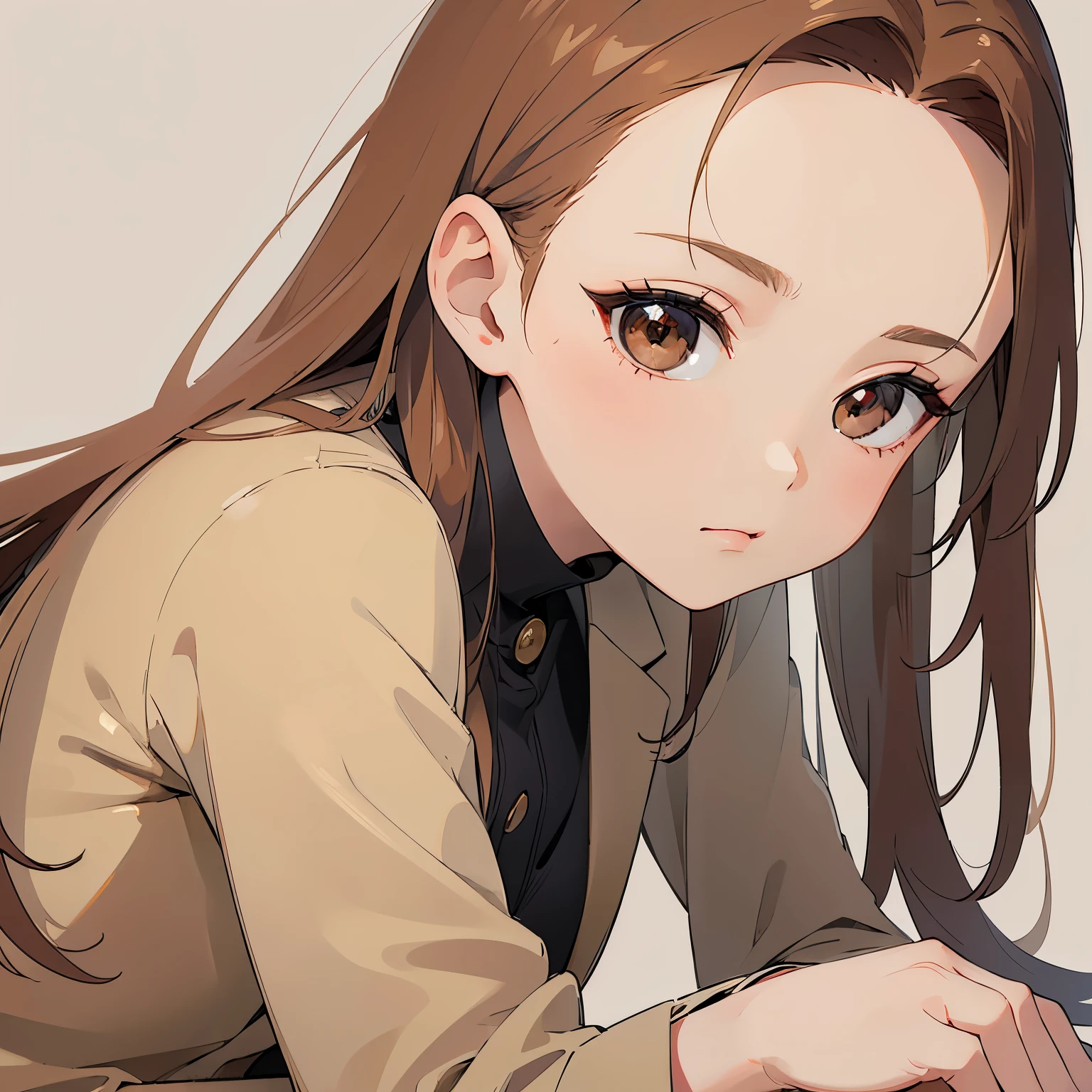 front view, close up mouth, masterpiece、highest quality、 forehead, A 25-year-old woman with light chestnut medium-long hair and brown eyes.、beige suit、serious expression、 sitting、The background is a park、bold composition、walking、Upper body is shown、Alone、