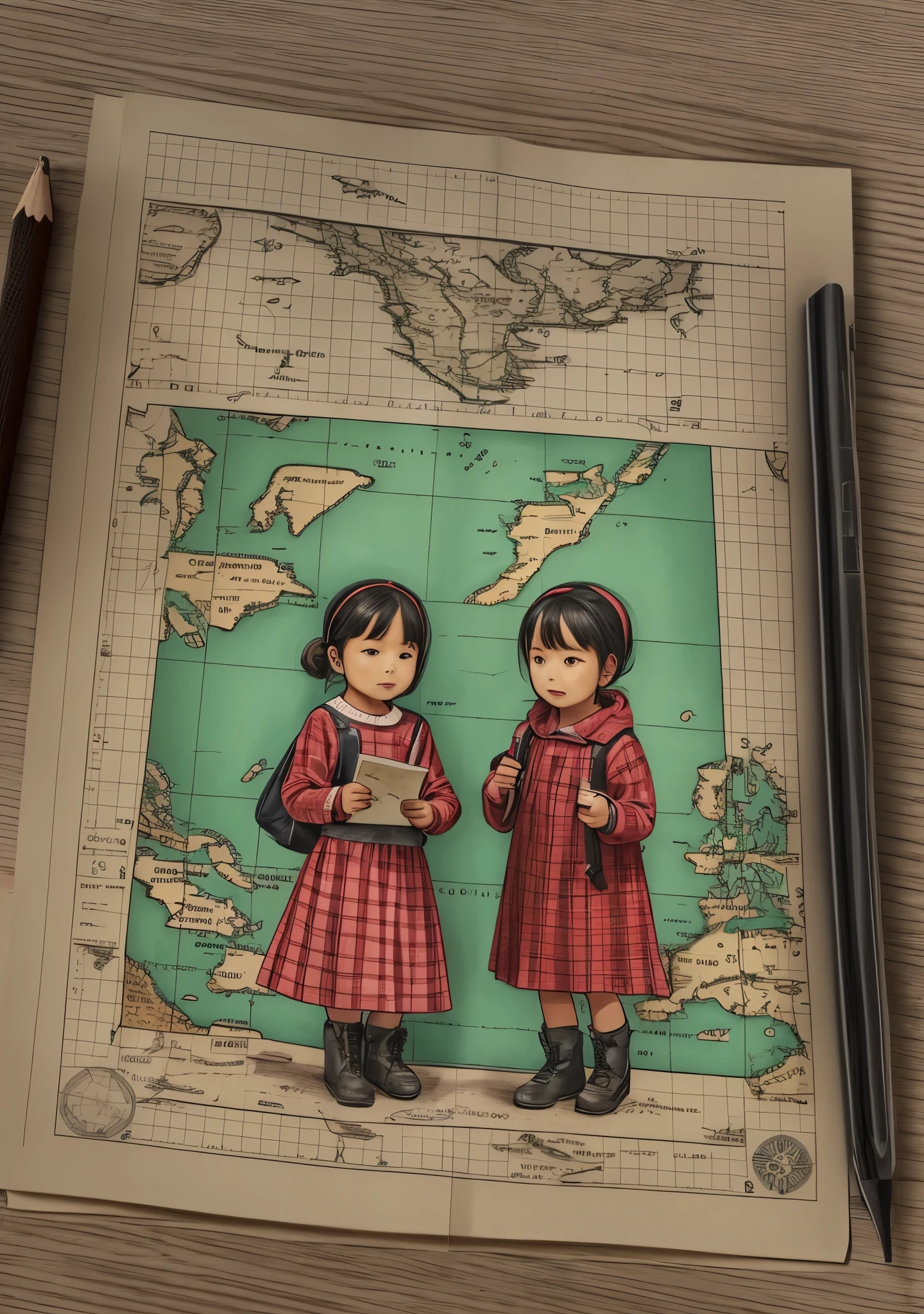 a drawing of two kids holding a map and planning for an adventure  --auto --s2