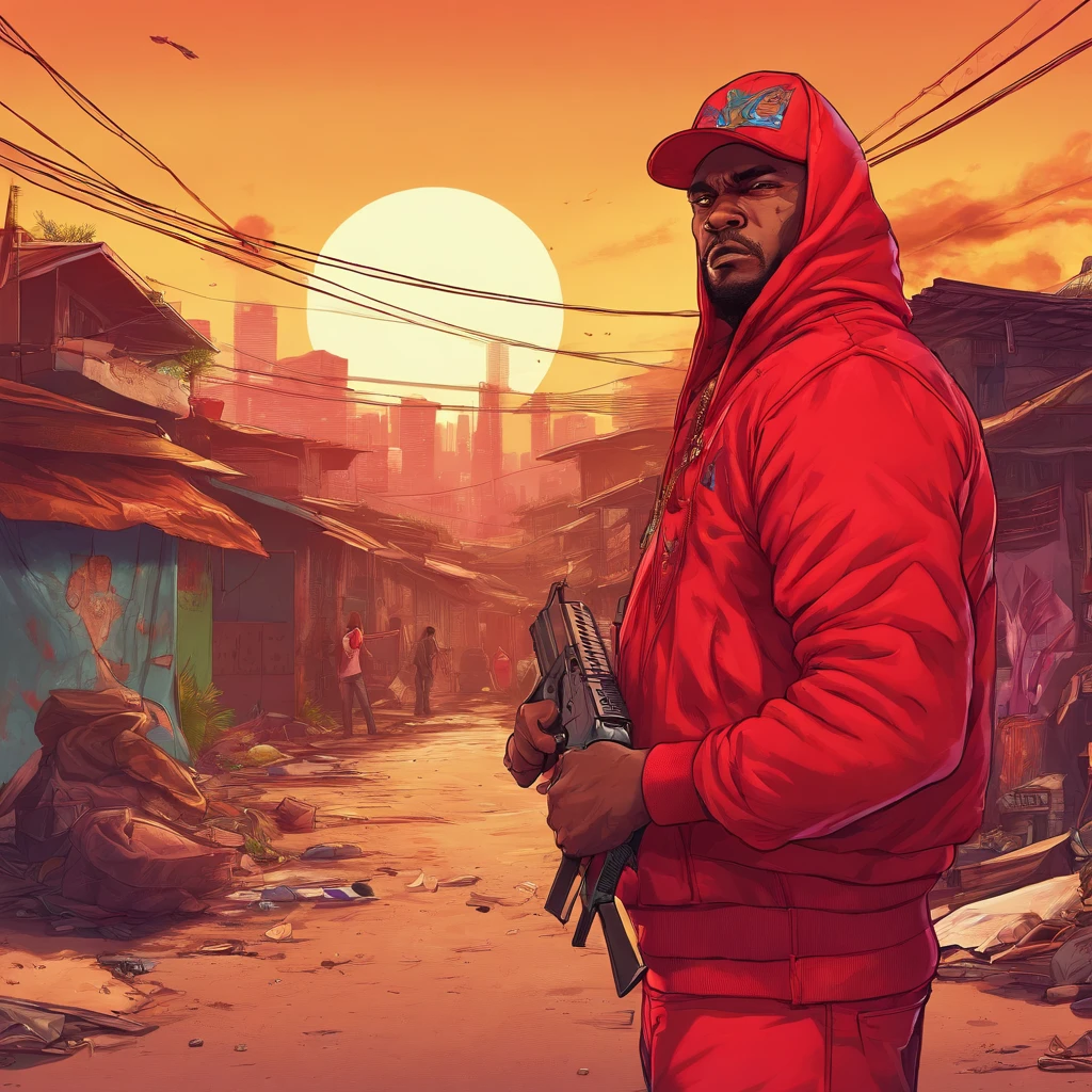A man wearing red clothes in a slum, have a rifle, (highly detailed face and body), Bright colors, (portrait), red tones, Dramatic lighting top quality, super detailed, treble range), realistic