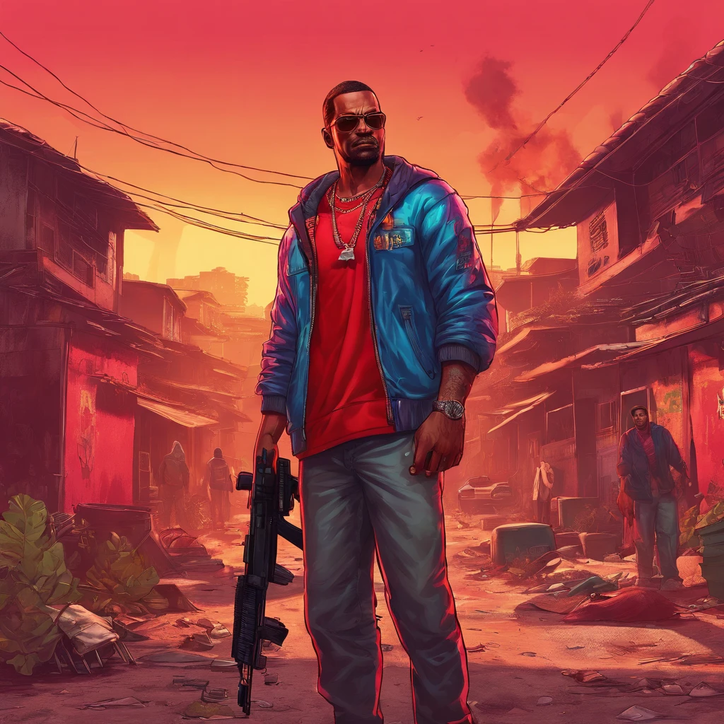 A man wearing red clothes in a slum, have a rifle, (highly detailed face and body), Bright colors, (portrait), red tones, Dramatic lighting top quality, super detailed, treble range), realistic