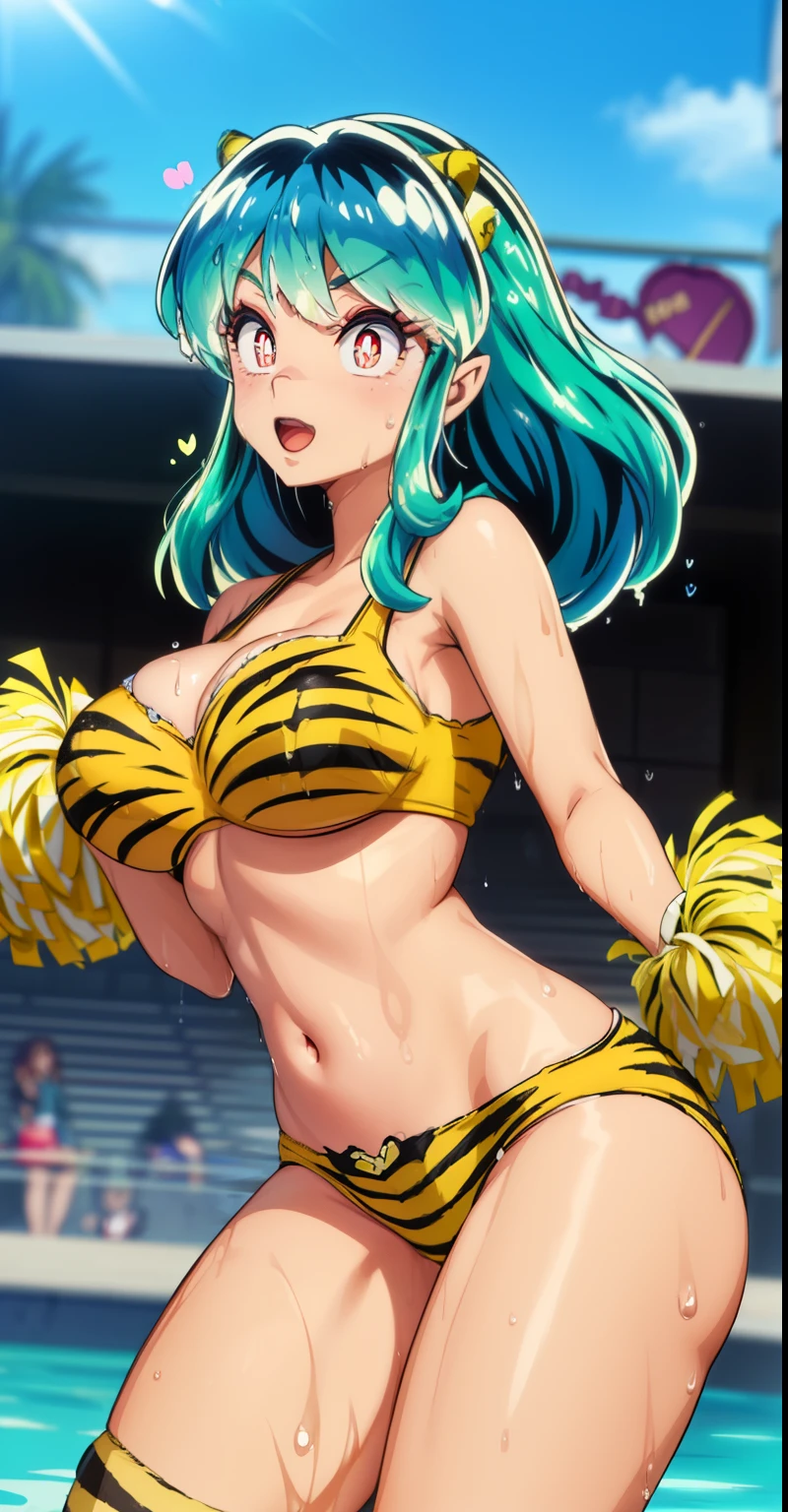 ram invader, Ram-chan、detailed breasts, anime dick, (tiger print cheerleader: 1.2), (white panties:1.4),muste piece, best quality, open mouth, tooth, ultra-detailed breasts, Yellow eyes, cute eyes, detailed face, a cute girl, Green hair、Demon Horns、big chest, red face, (wet with water: 1.2), Generally poor breasts, areola slip, (Position where panties are visible:1.5), (beautiful breasts: 1.2), (with a bright light source: 1.2), (heart shaped pupils opening their clothes: 1.5)