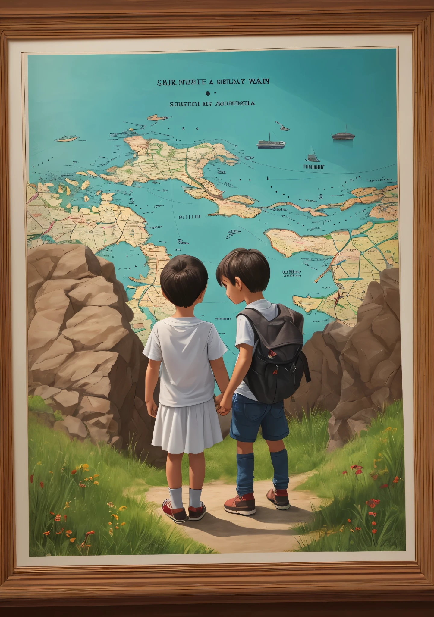 a drawing of two kids holding a map and planning for an adventure  --auto --s2