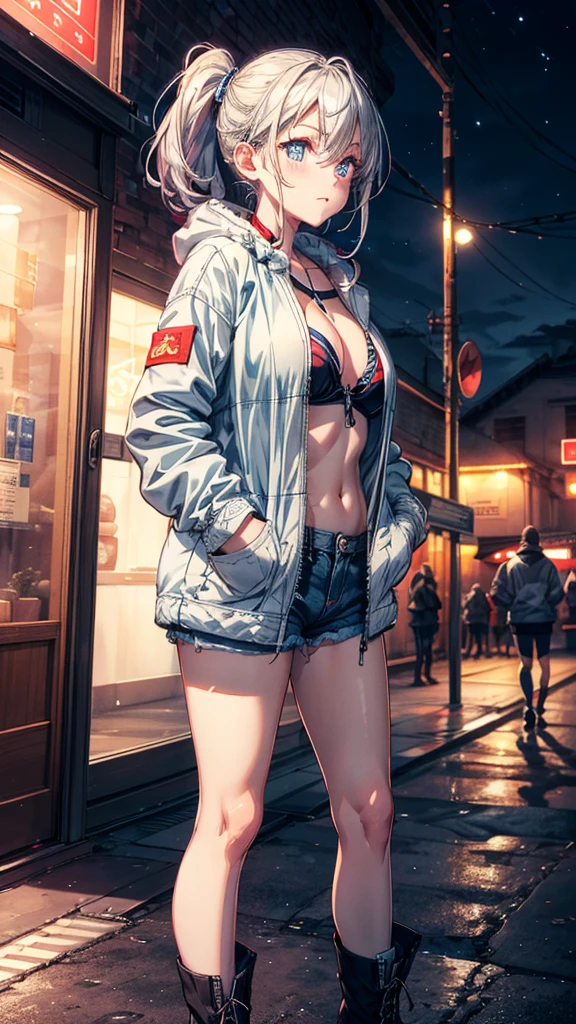(Enrich the picture,Masterpiece level quality)Beautiful 8K CG artwork,1girl,solo,detailed face, perfect face, perfect eyes,blue eyes,Long Hair, pony tail,Very long hair,grey hair,chuckle,Slim and soft,big breasts,Black Bikini,denim short shorts,open shorts,oversized white fur coat,white coat,(((((hands in pocket,)))))combat boots,outdoors,night,neon lights,