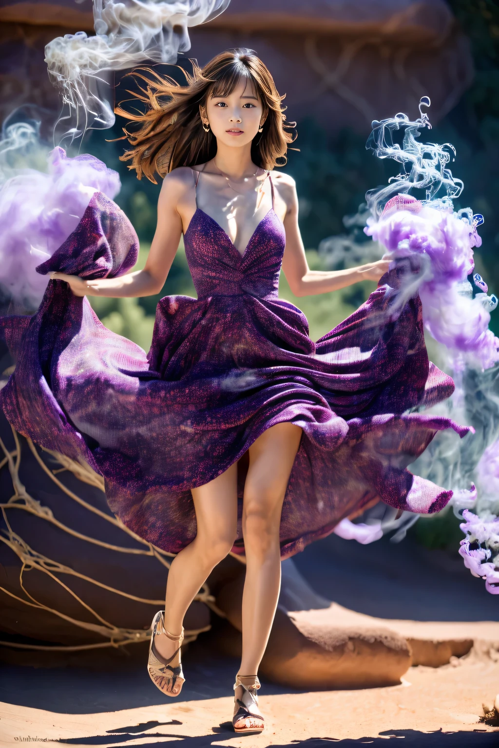 (Best Quality:1.4), (8K), 32K, (UHD), (Masterpiece:1.3), Photo of Japanese pretty woman, (Photorealistic), (Raw Photography), (1girl), (Ultra High Details), (Detailed face), perfect face, (Detailed hair), Beautiful hair, bangs, Layer Cut, (symmetrical eyes:1.3), (Detailed eyes), (Detailed skin), Realistic skin, Ultra high definition, (), (slim figure), (super model figure), 

( Wearing a long dress with a gradation from purple to white, (A dress made of swirling  of bubbles and smoke:1.3), beautiful purple color gradation, a long dress with a long hem, haute couture, a pattern of swirls of flame and smoke forming a gradation, haute couture), full body shot, ultra wide angle:1.2, cinematic lighting, (Standing on top of a desert canyon:1.3), at canyon:1.3