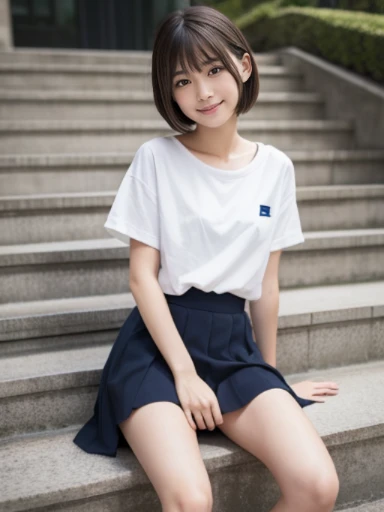 muste piece, Top quality, 8K, 15 years old, japanese girl, slender, Raw photo, absurd, award-winning portraits, (detailed face, shy smile), solo, Transparent white T-shirt made of very thin material、 sailor uniform, short sleeve, idol face, super mini skirt, short socks, slim legs, shoes, whole body shot from the bottom of the stairs, whole body shot from a Low - Angle, detailed face), refreshing shy smile, slender girl, Golden short-cut hair, dark eyes, whole body, digital single lens reflex, look at the viewer, Frank, sophisticated, like々New, perfect whole body balance, (Low - Angle), professional lighting, (Eye and face details: 1.0), (It's blurry: 1.1)