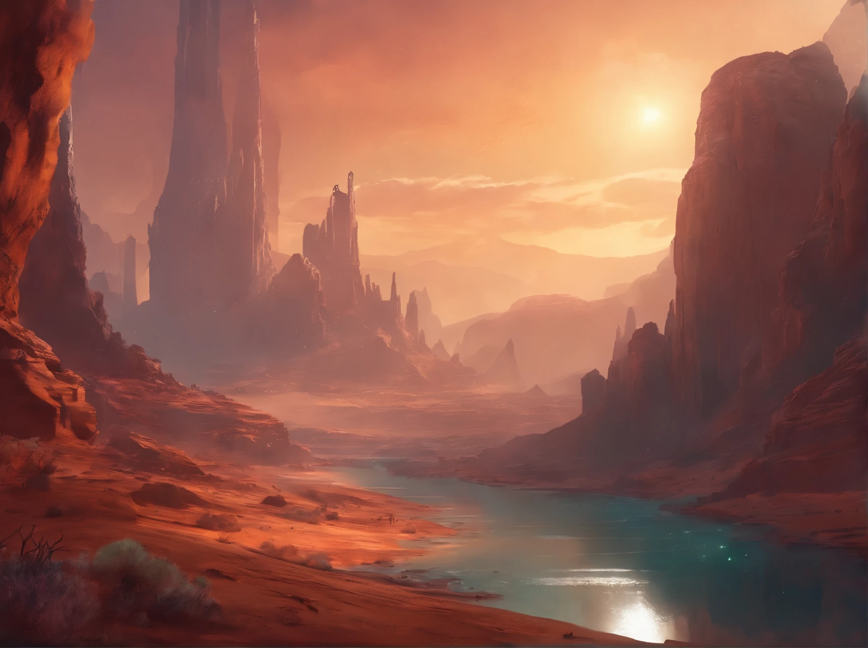 cinematic shot Desert canyon on a metal cybernetic planet in a remote corner of the universe, planetary landscape, Desert Canyon, cyberpunk, metal planet, high detail, science fiction, cinematic processing, cinematic realism, the work is presented for an award, cg unity 8k