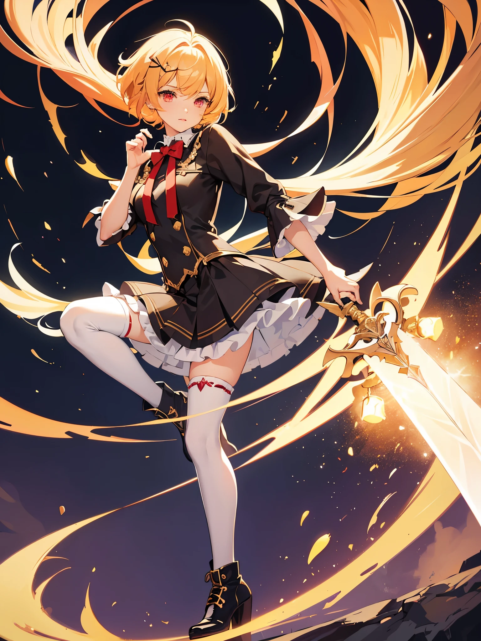 full body shot shot,Idol,portrait,individual,Knee socks,hairpin,frills,Boots that are thigh-length,Beautiful boy,Magical Boy,((crossdressing)),((two - handed sword)),short hair,red eyes,(A light lip gloss),(Yellow-haired)