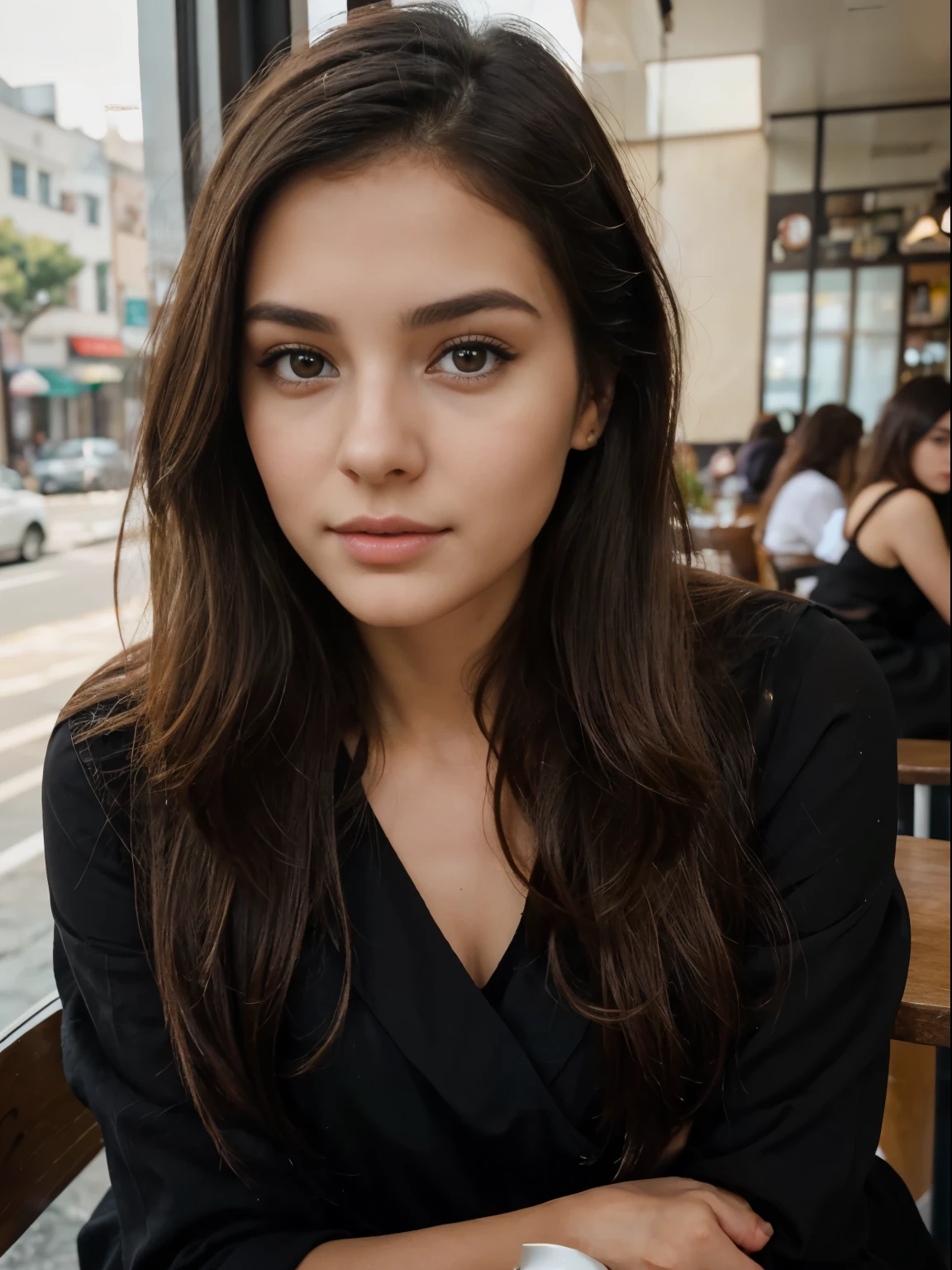 Photo of a 24-year-old brunette woman, who has a very natural Golden Ratio face, thin lips, thin eyes, thin eyebrows, thin nose, and long eyelashes. She takes a cute selfie in a cafe, a woman with long brown hair and a wear black layered dress, a beautiful female model, a photo of a beautiful woman, a beautiful young woman, a beautiful young girl, a beautiful model girl, a gorgeous young model, very beautiful young woman, beautiful girl model, portrait of a beautiful model, beautiful portrait photo, young beautiful woman, beautiful model, a beautiful young woman, sitting in a roadside coffee shop