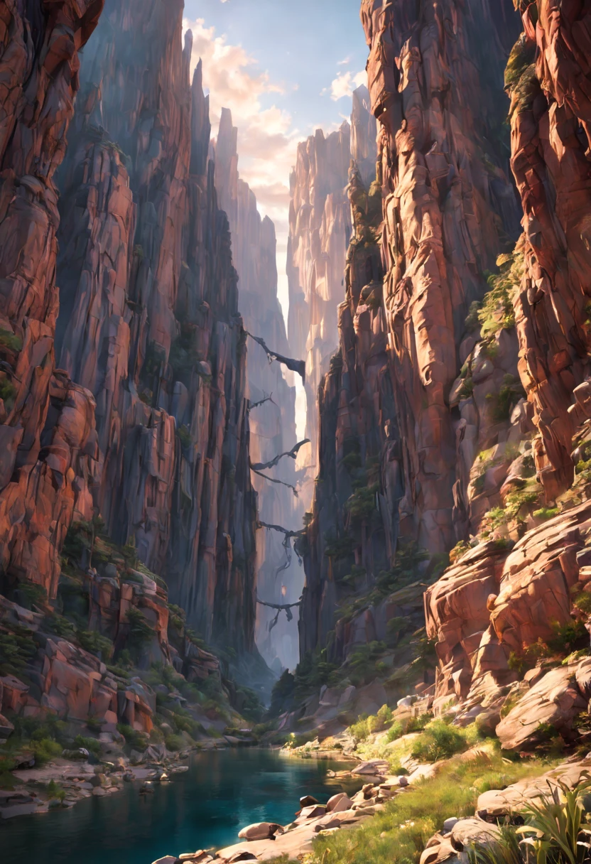 Majestic canyon vistas captured during sunrise or sunset detailed matte painting, deep color, fantastical, intricate detail, splash screen, complementary colors, fantasy concept art, 8k resolution trending on Artstation Unreal Engine 5