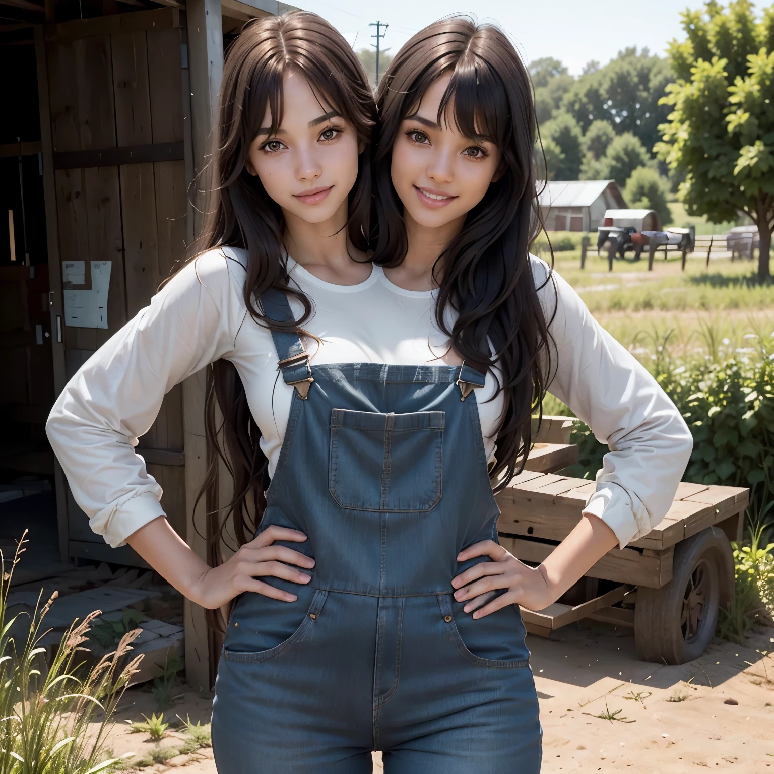 best quality, (photorealistic:1.2), 1girl, solo, detailed face, face focus, standing, black hairz brown hair, red hair, tan skin, light skin,(hair ornament:1.35),smiling, out in a farm, overalls, (looking at viewer:1.5) long hair, black eyes, bangs, lips, (two heads)